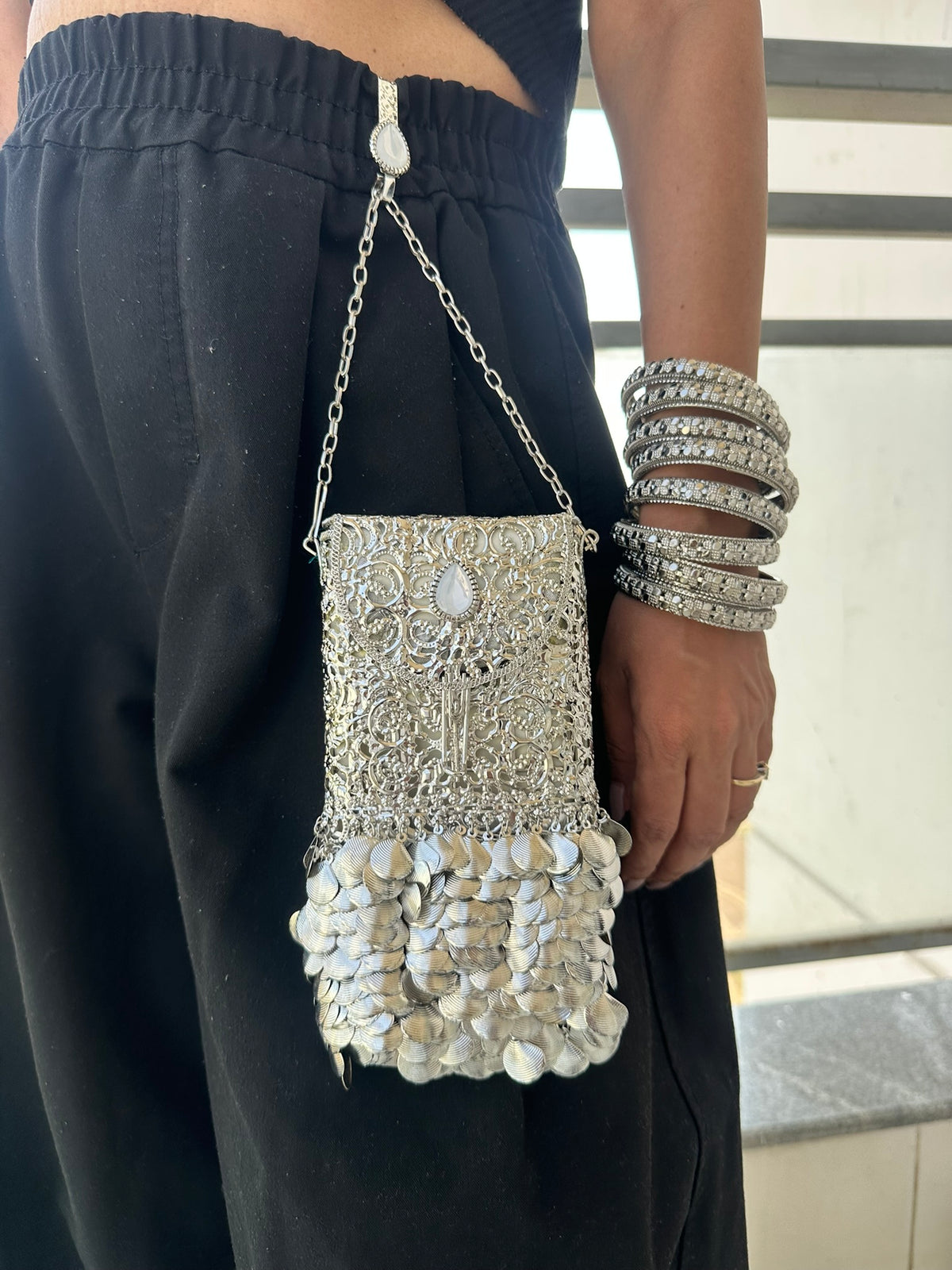 The CHANDI Handcrafted Silver Filigree Phone Crossbody Clutch with Coin Fringe