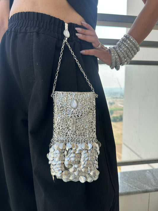 The CHANDI Handcrafted Silver Filigree Phone Crossbody Clutch with Coin Fringe