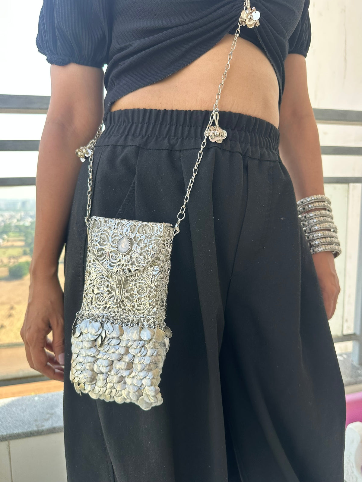 The CHANDI Handcrafted Silver Filigree Phone Crossbody Clutch with Coin Fringe