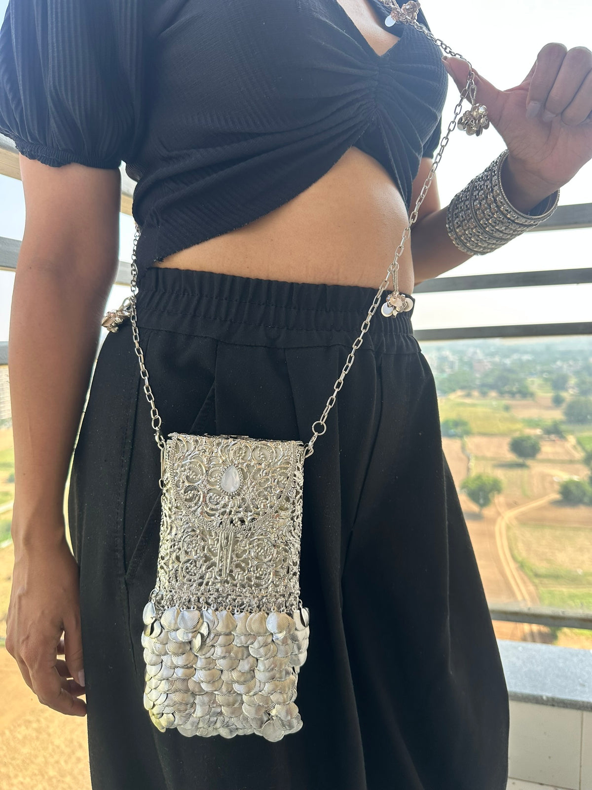 The CHANDI Handcrafted Silver Filigree Phone Crossbody Clutch with Coin Fringe