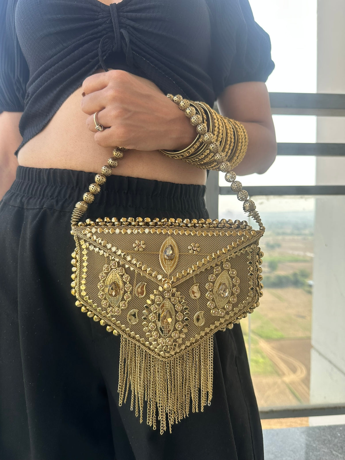 The AANYA Handcrafted Gold Filigree Chevron Envelope Clutch with Chain Fringe