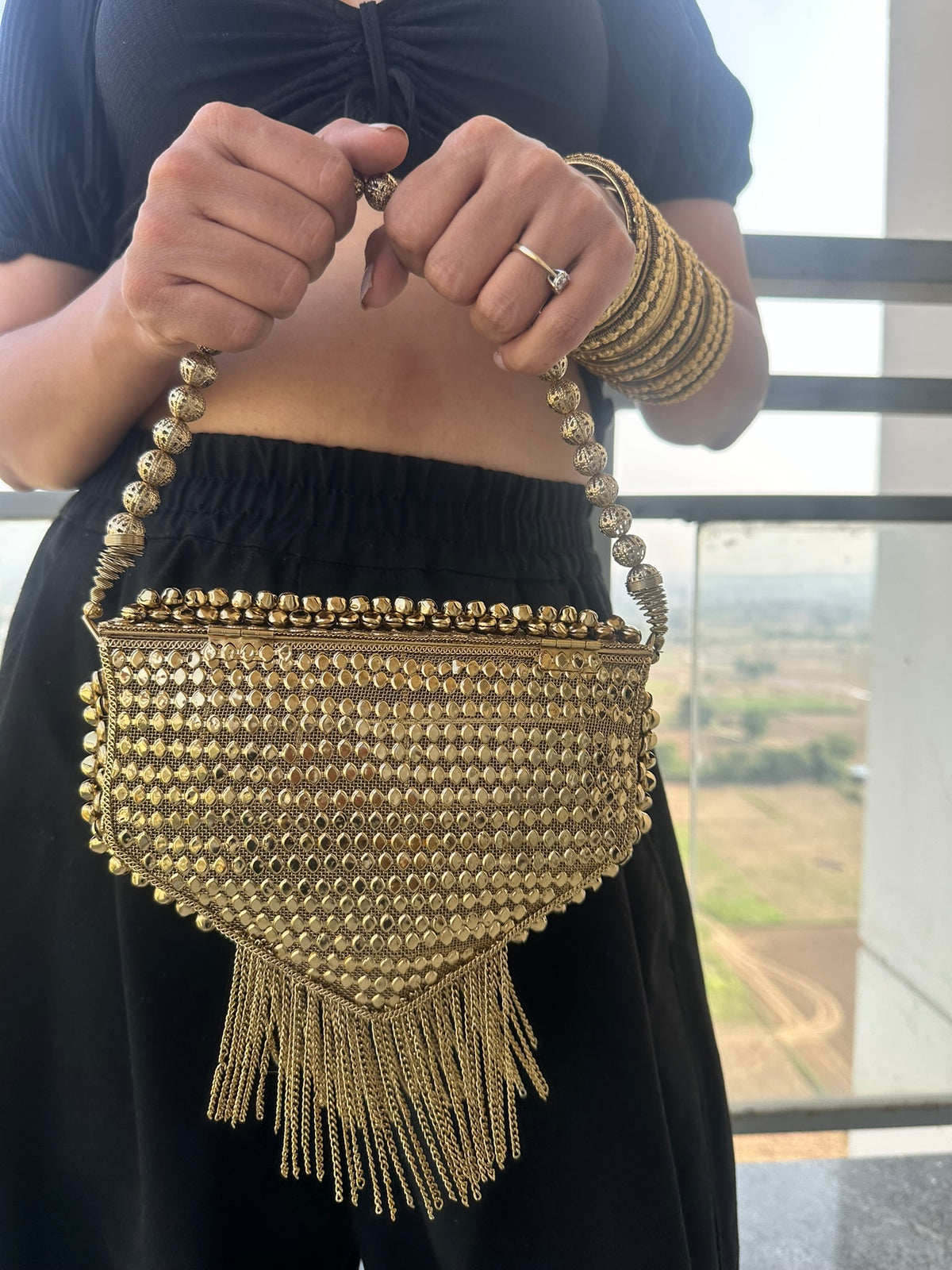 The AANYA Handcrafted Gold Filigree Chevron Envelope Clutch with Chain Fringe