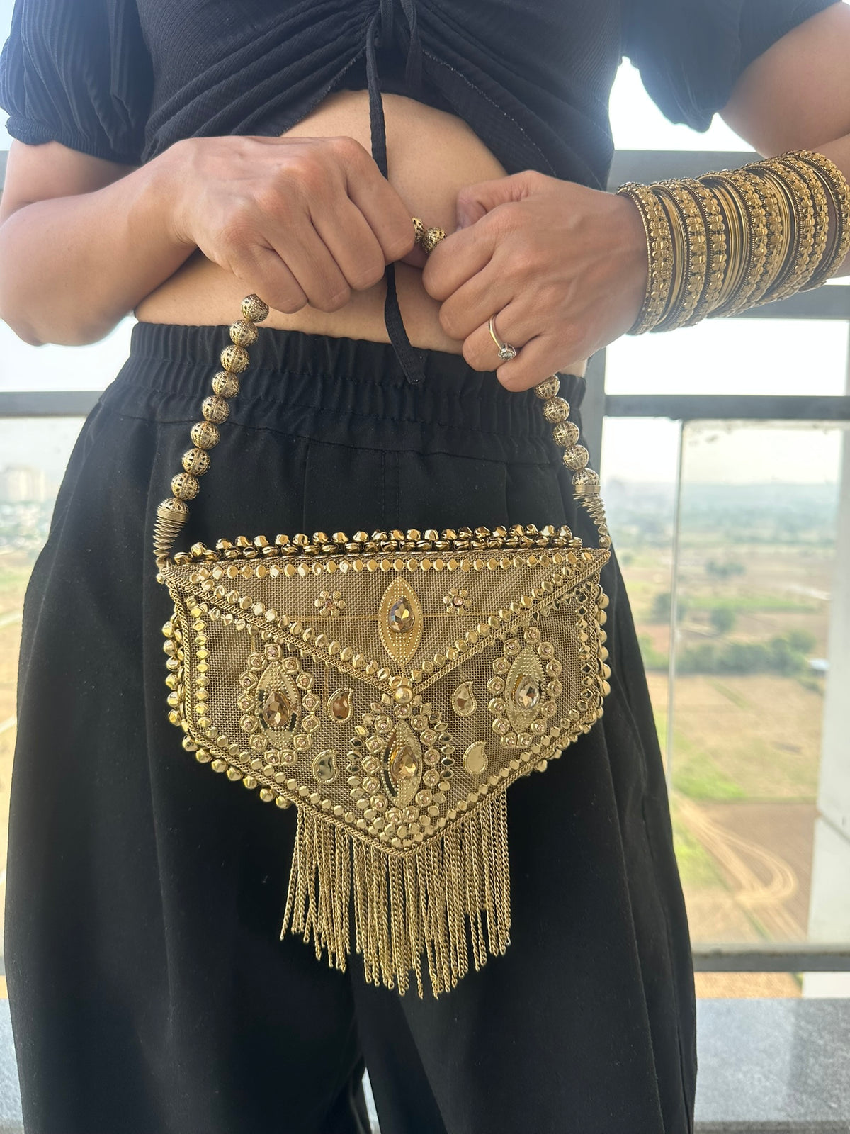 The AANYA Handcrafted Gold Filigree Chevron Envelope Clutch with Chain Fringe