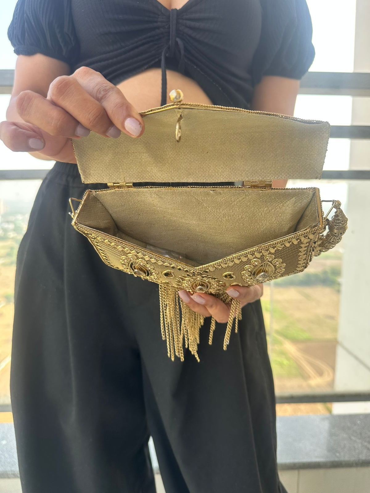 The AANYA Handcrafted Gold Filigree Chevron Envelope Clutch with Chain Fringe