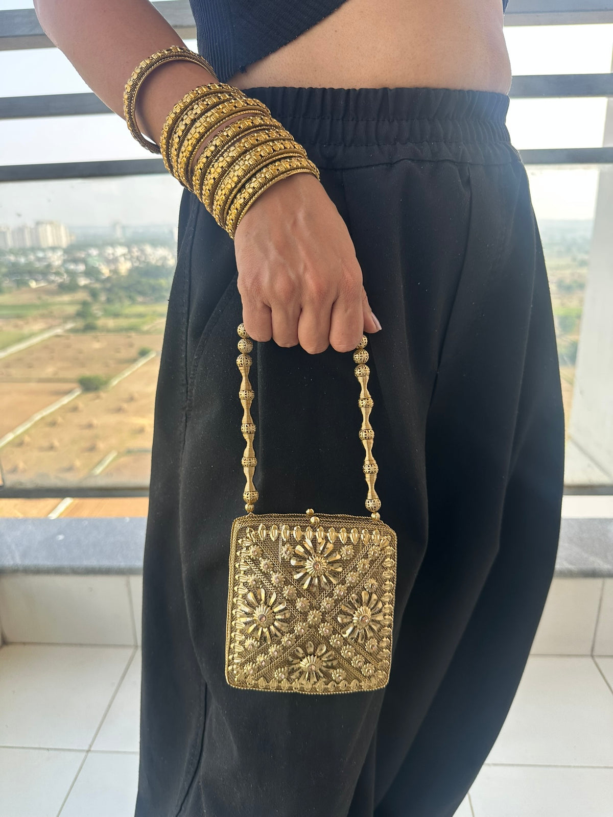 The NOOR Handcrafted Antique Gold Mini Square Filigree & Crystal Clutch