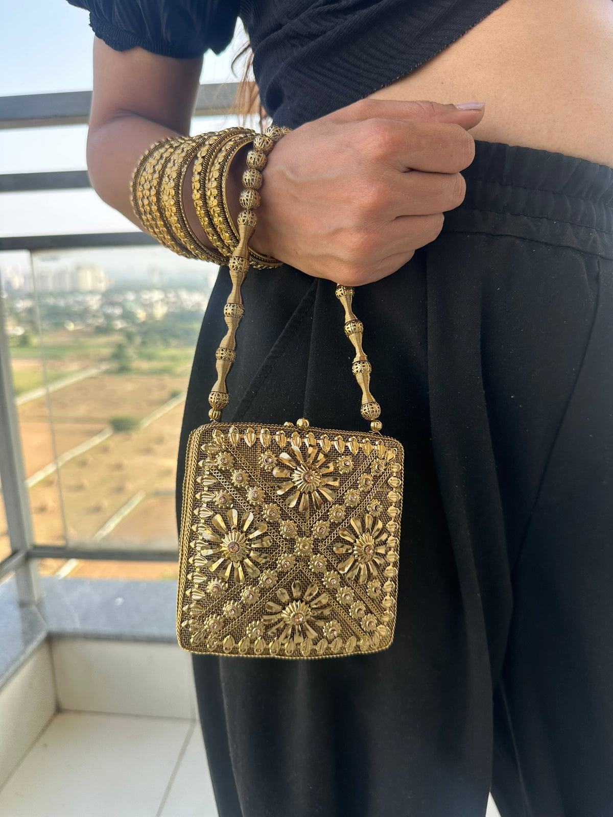 The NOOR Handcrafted Antique Gold Mini Square Filigree & Crystal Clutch
