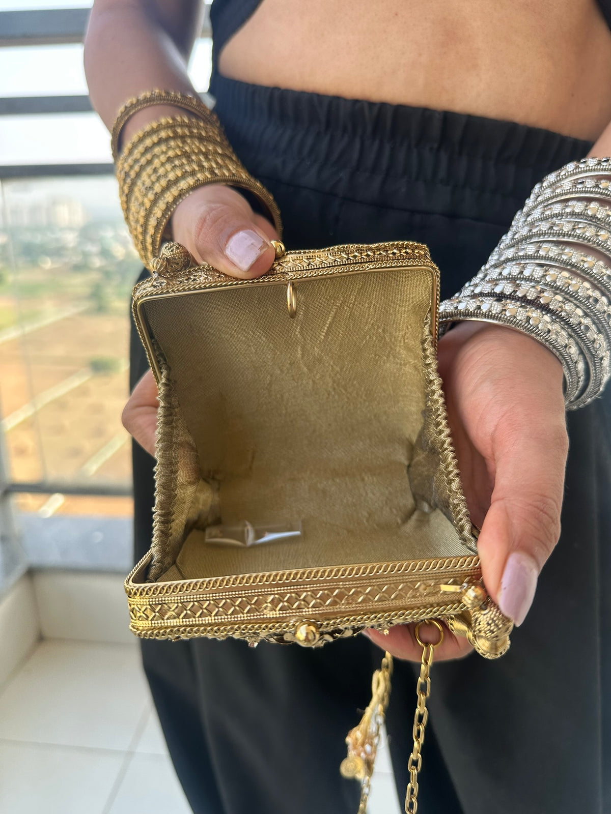 The NOOR Handcrafted Antique Gold Mini Square Filigree & Crystal Clutch