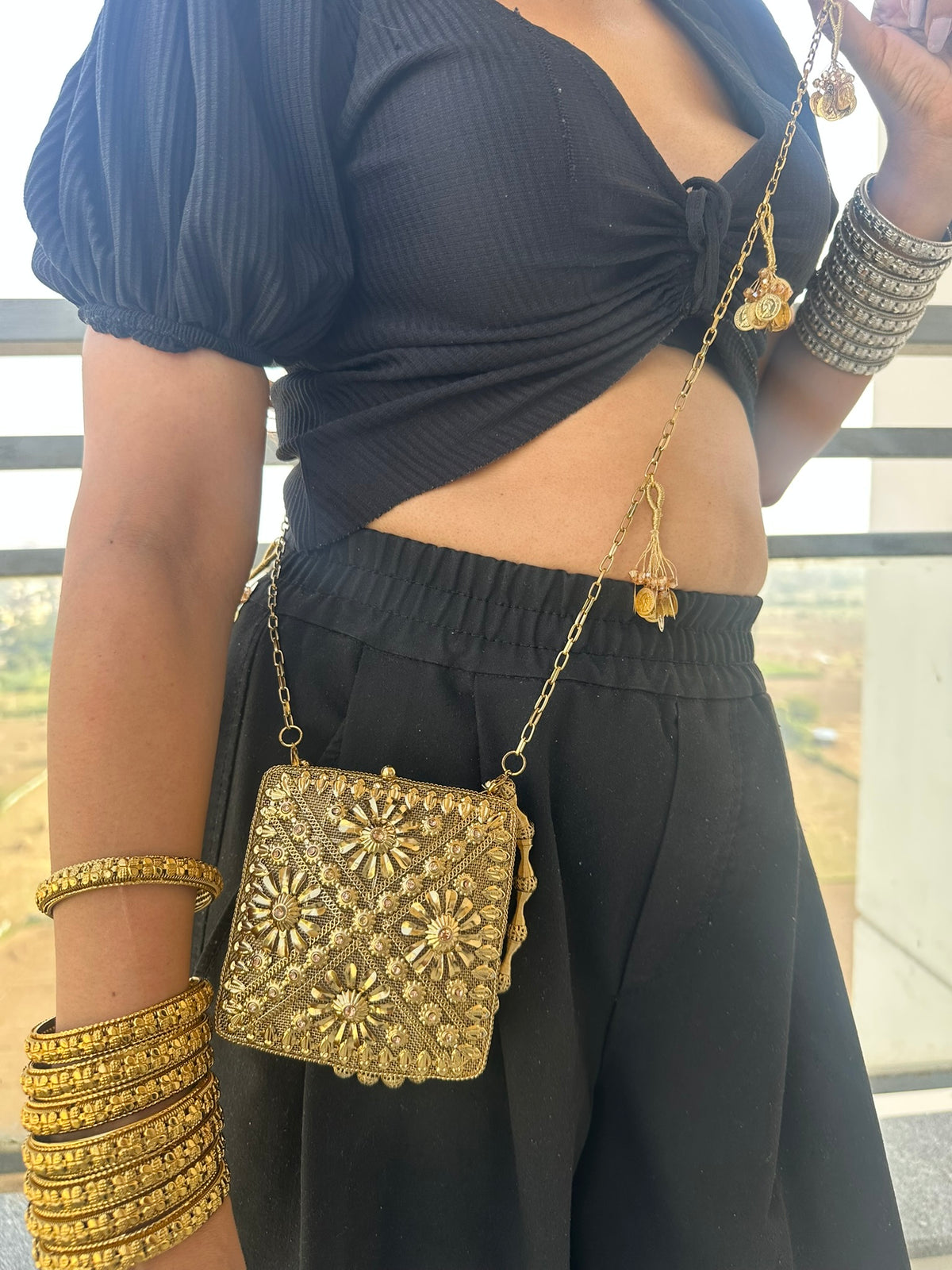 The NOOR Handcrafted Antique Gold Mini Square Filigree & Crystal Clutch