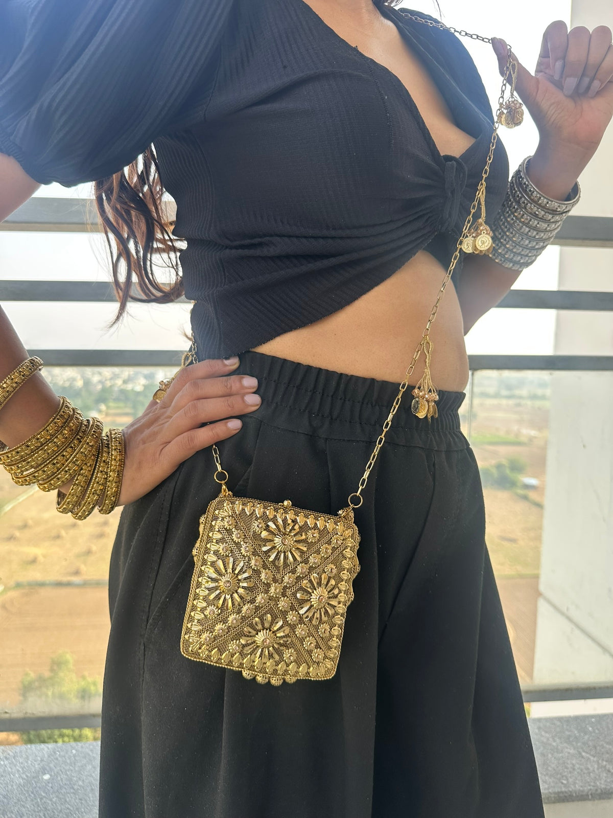 The NOOR Handcrafted Antique Gold Mini Square Filigree & Crystal Clutch