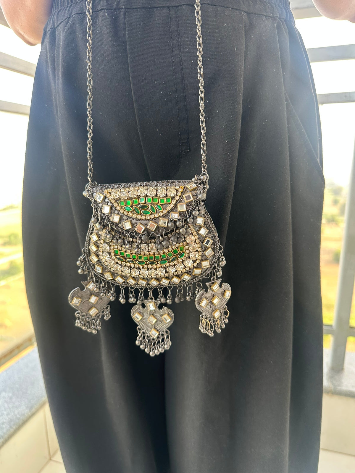 The BANJARA Handcrafted Oxidized Silver Tribal Mirror & Emerald Stone Crossbody Bag
