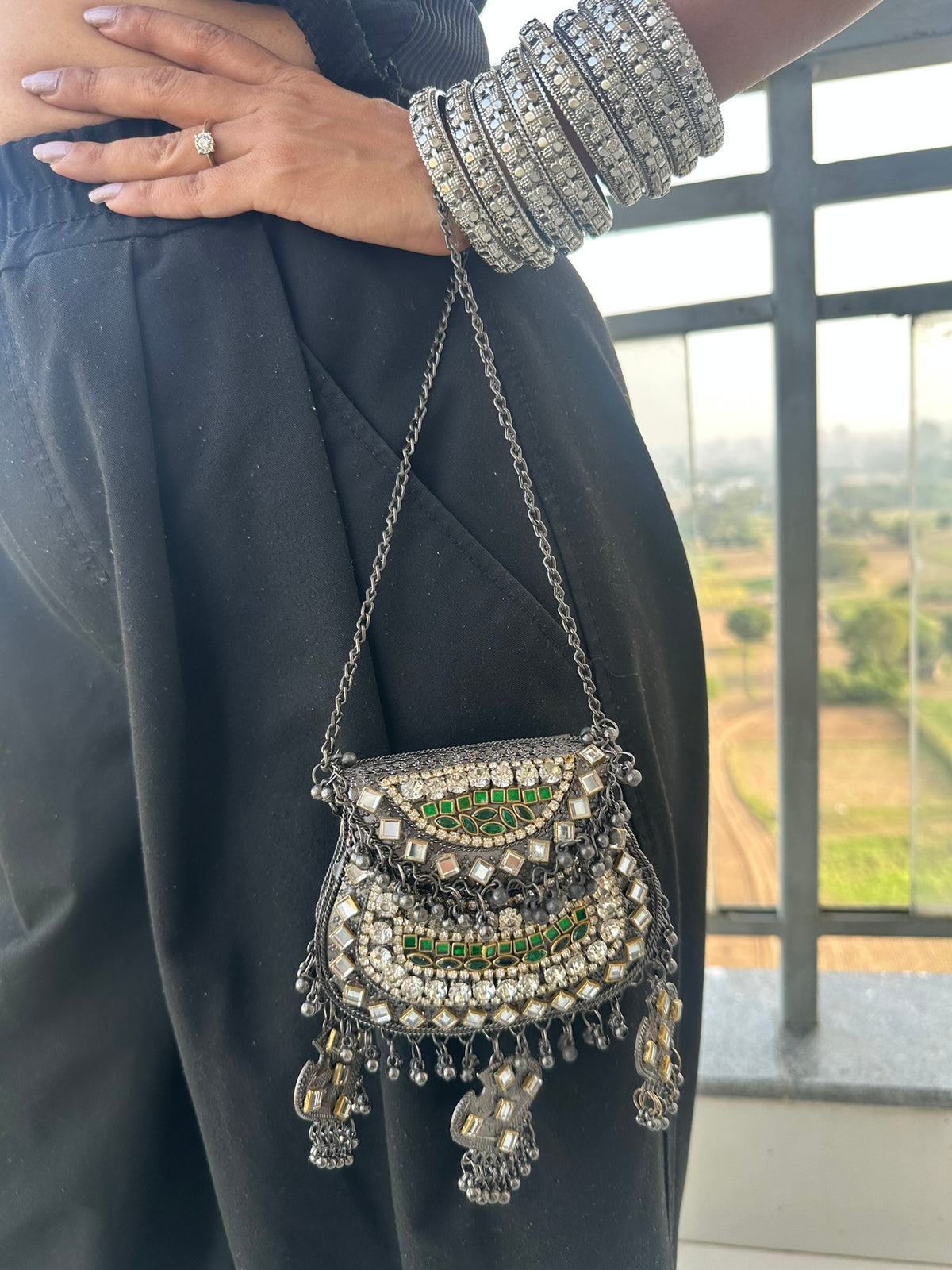The BANJARA Handcrafted Oxidized Silver Tribal Mirror & Emerald Stone Crossbody Bag