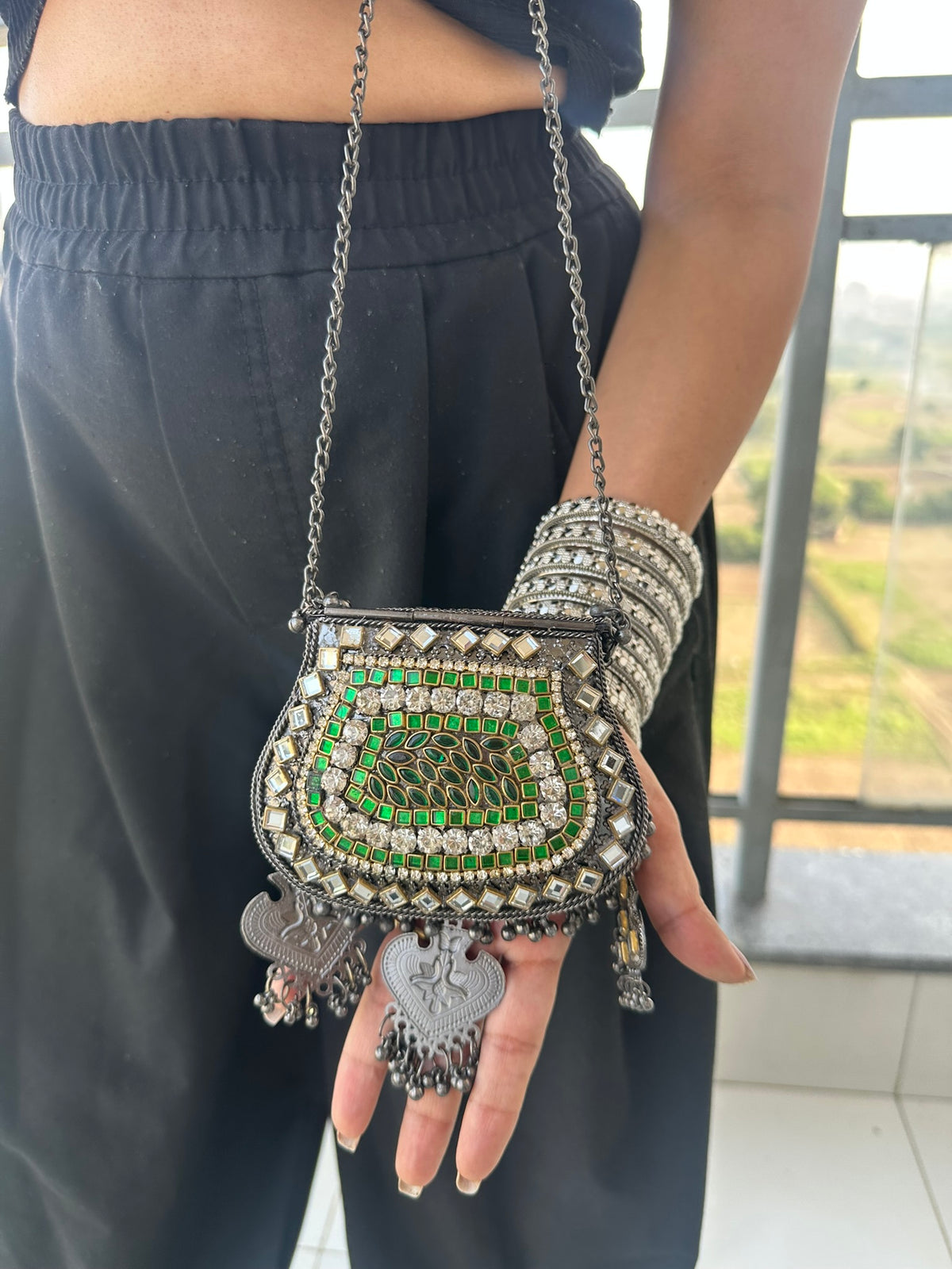The BANJARA Handcrafted Oxidized Silver Tribal Mirror & Emerald Stone Crossbody Bag