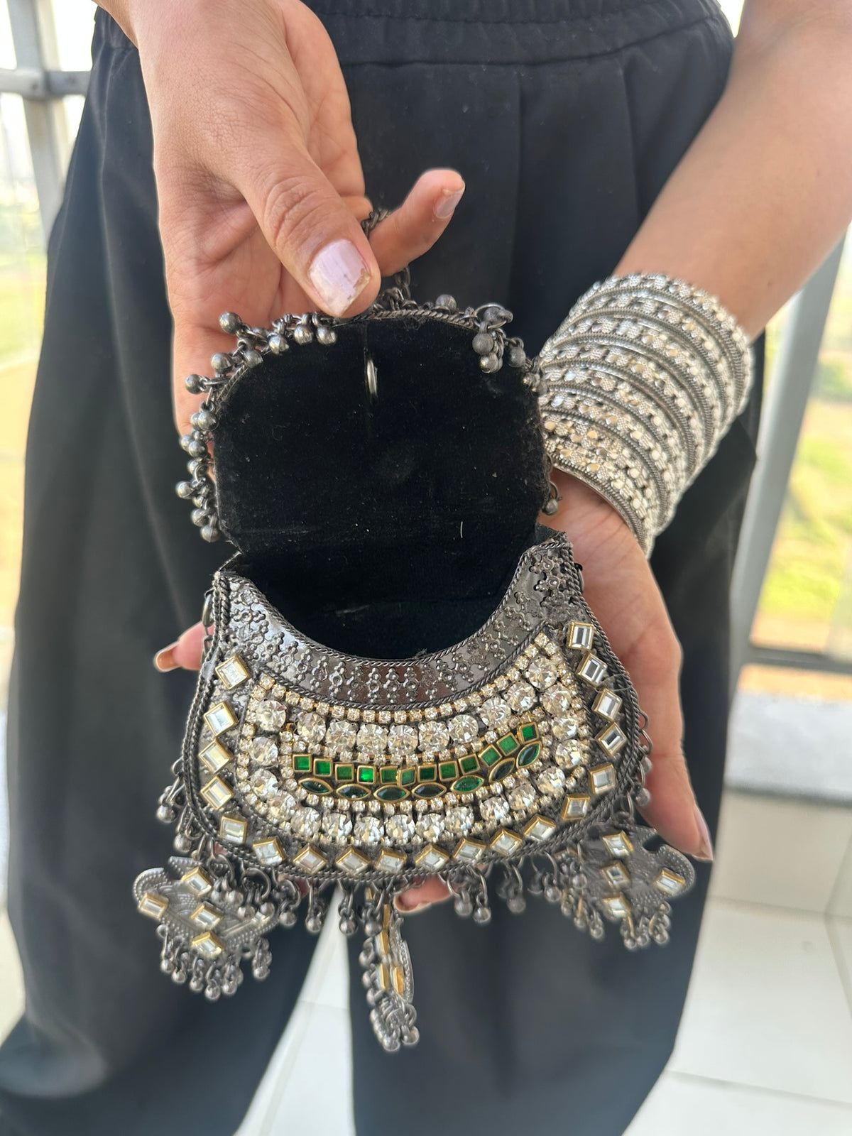 The BANJARA Handcrafted Oxidized Silver Tribal Mirror & Emerald Stone Crossbody Bag