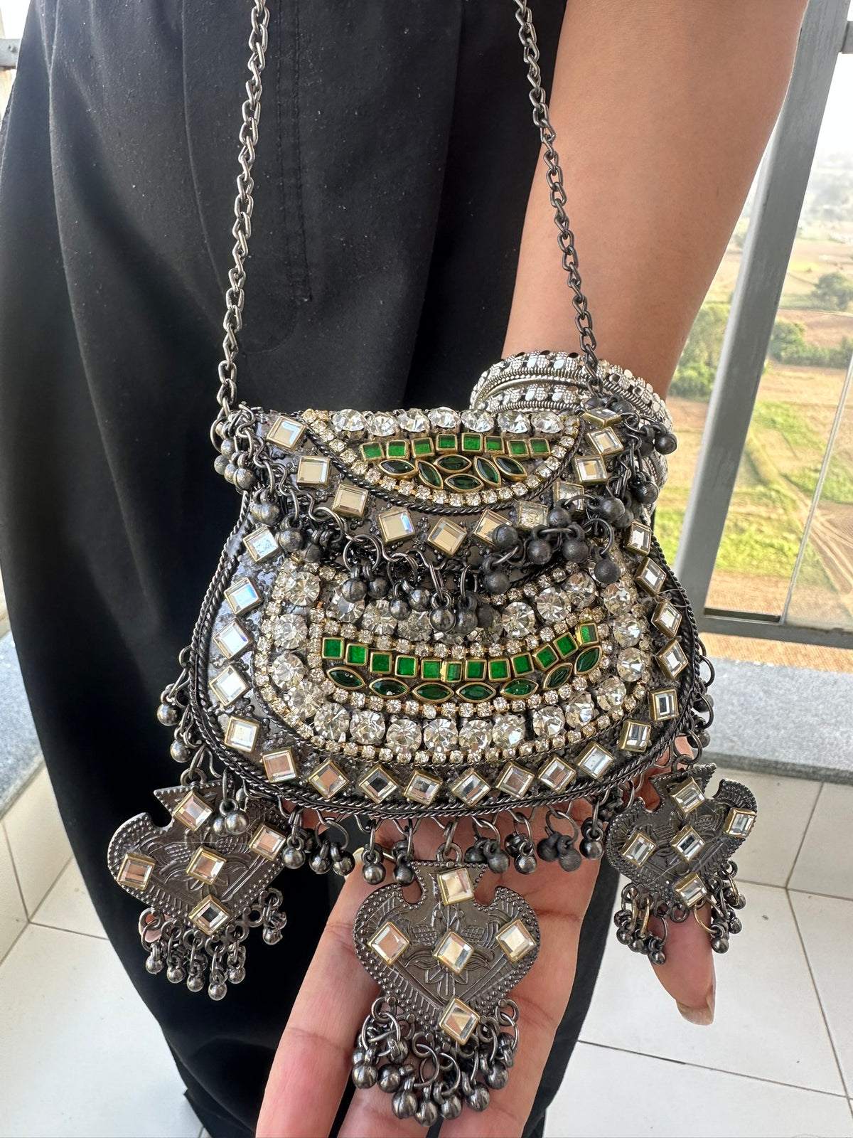 The BANJARA Handcrafted Oxidized Silver Tribal Mirror & Emerald Stone Crossbody Bag