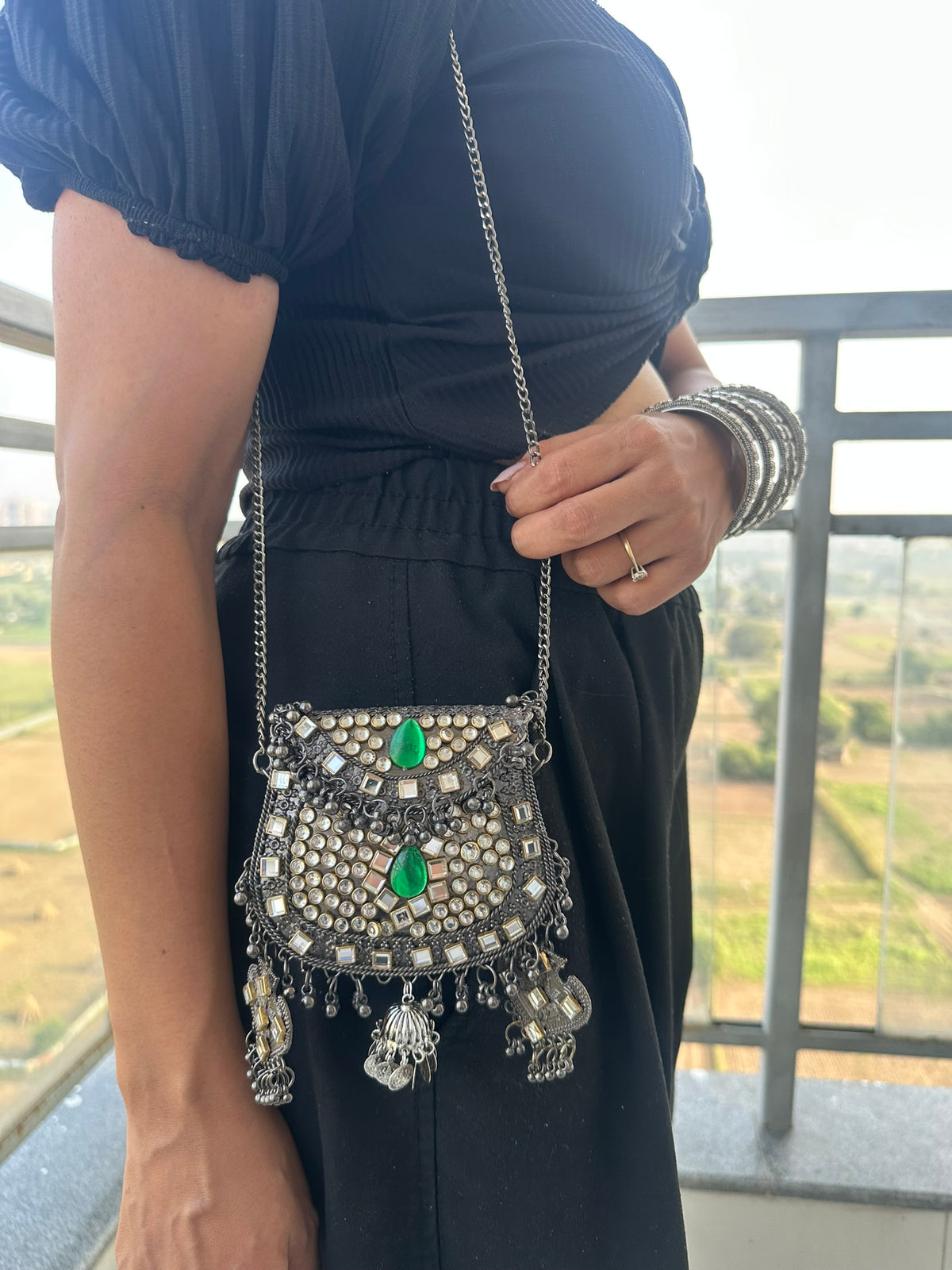 The BANJARA Handcrafted Oxidized Silver Tribal Mirror & Emerald Stone Crossbody Bag