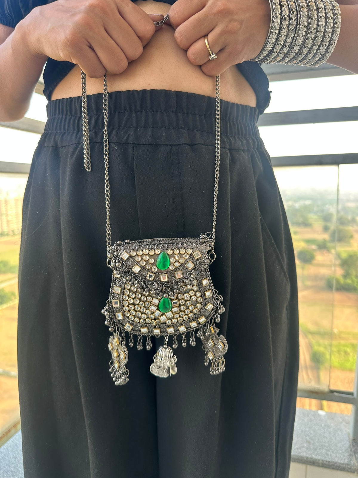 The BANJARA Handcrafted Oxidized Silver Tribal Mirror & Emerald Stone Crossbody Bag