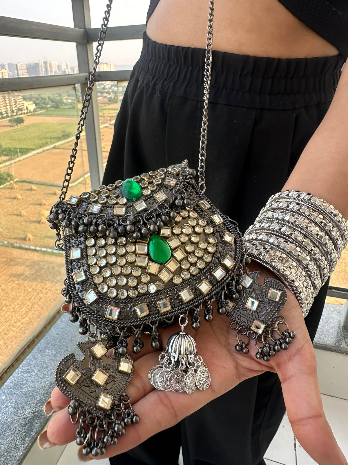 The BANJARA Handcrafted Oxidized Silver Tribal Mirror & Emerald Stone Crossbody Bag