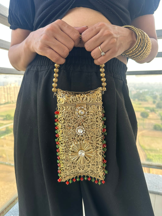 The AMEERA Handcrafted Gold Filigree Phone Clutch with Dual Straps