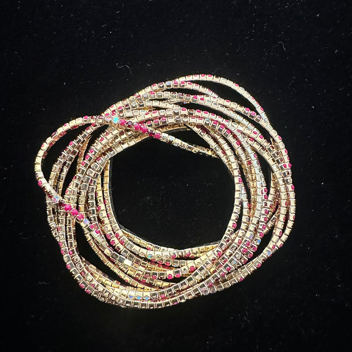 12-Piece Stretch Tennis Bracelet Set, Iridescent CZ Rhinestones, Stackable Gold/Silver Tone Bangles