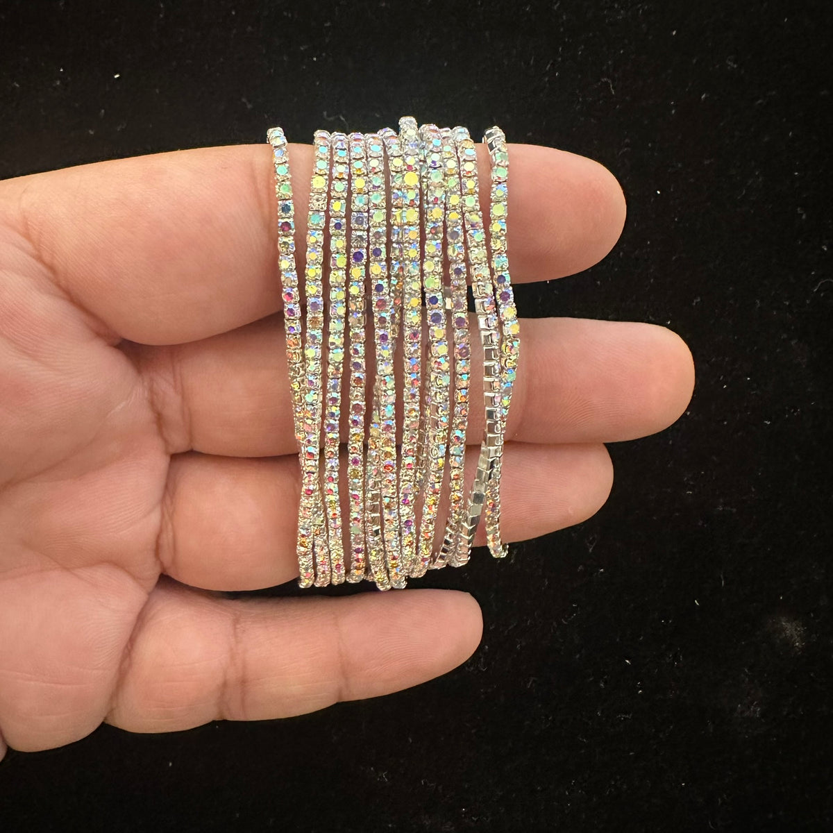 12-Piece Stretch Tennis Bracelet Set, Iridescent CZ Rhinestones, Stackable Gold/Silver Tone Bangles