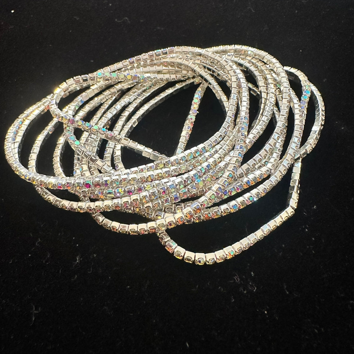 12-Piece Stretch Tennis Bracelet Set, Iridescent CZ Rhinestones, Stackable Gold/Silver Tone Bangles
