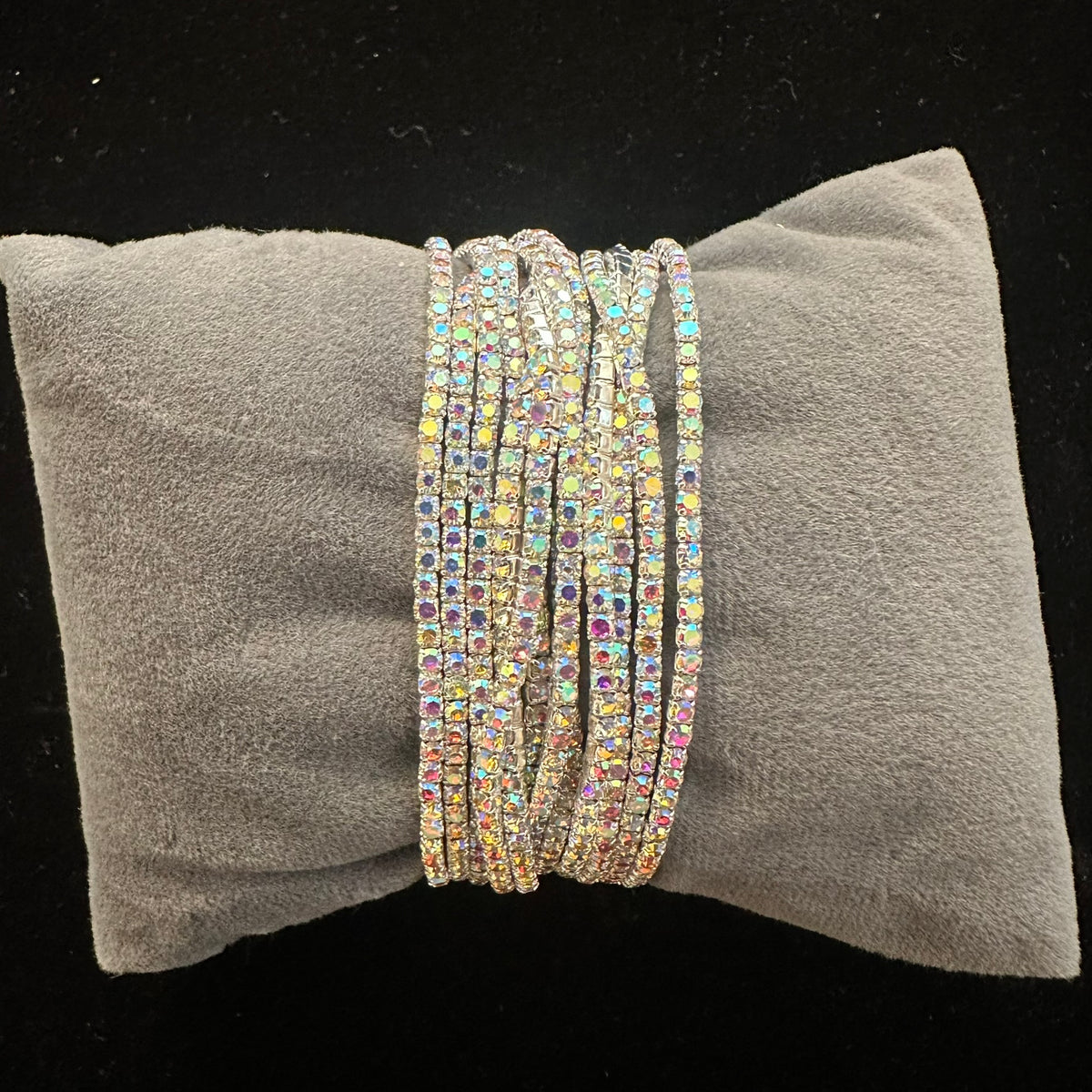 12-Piece Stretch Tennis Bracelet Set, Iridescent CZ Rhinestones, Stackable Gold/Silver Tone Bangles