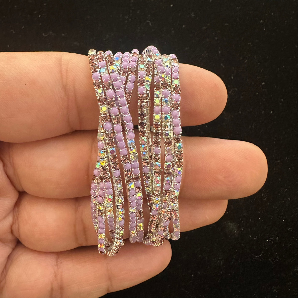 12-Piece Stretch Tennis Bracelet Set, Iridescent CZ Rhinestones, Stackable Gold/Silver Tone Bangles
