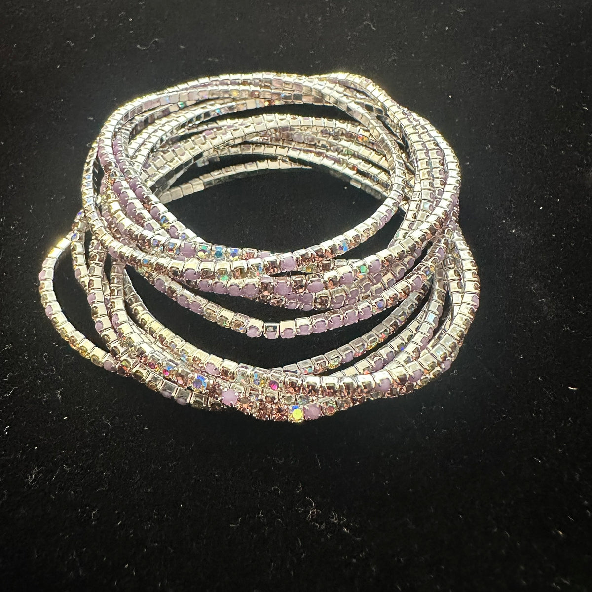 12-Piece Stretch Tennis Bracelet Set, Iridescent CZ Rhinestones, Stackable Gold/Silver Tone Bangles