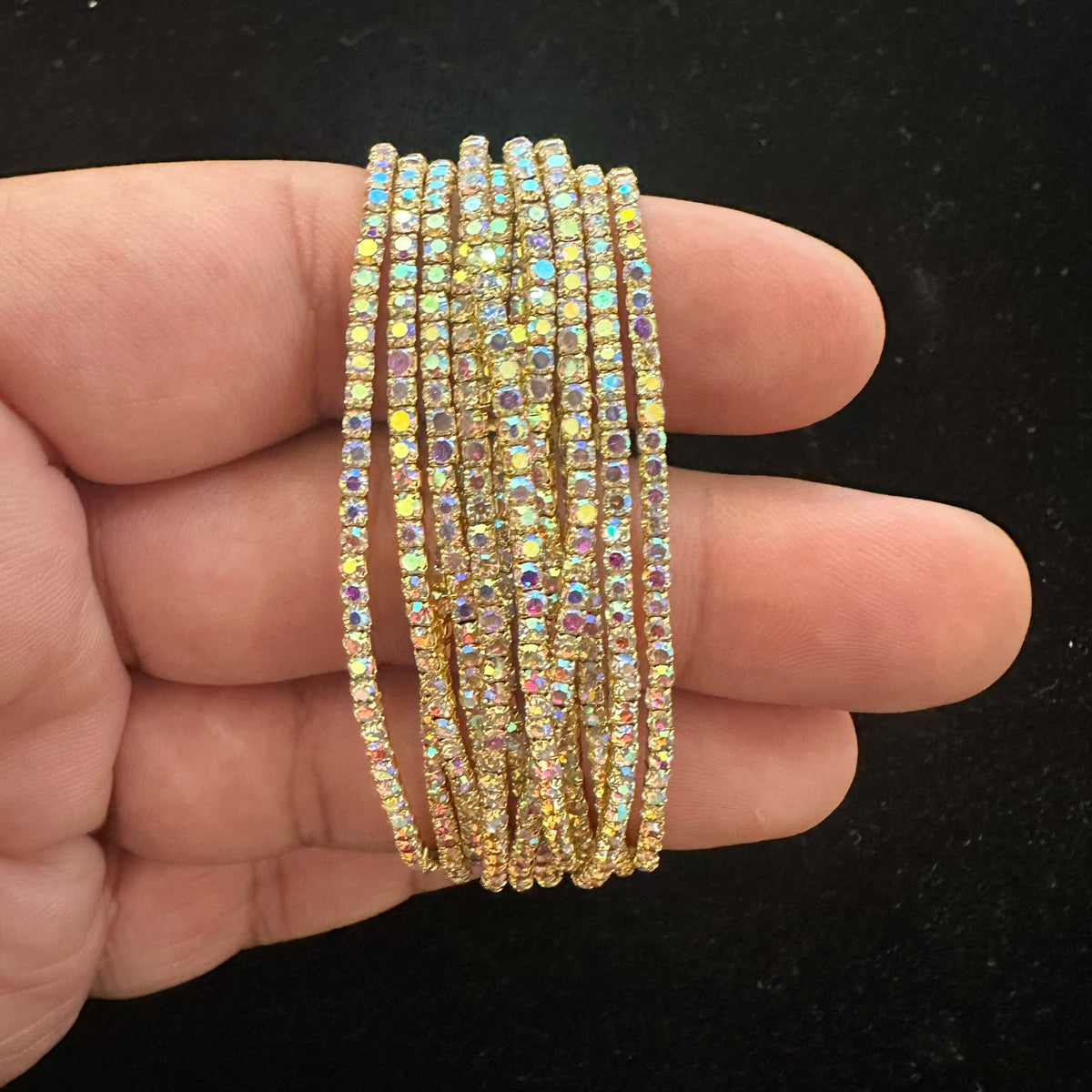 12-Piece Stretch Tennis Bracelet Set, Iridescent CZ Rhinestones, Stackable Gold/Silver Tone Bangles