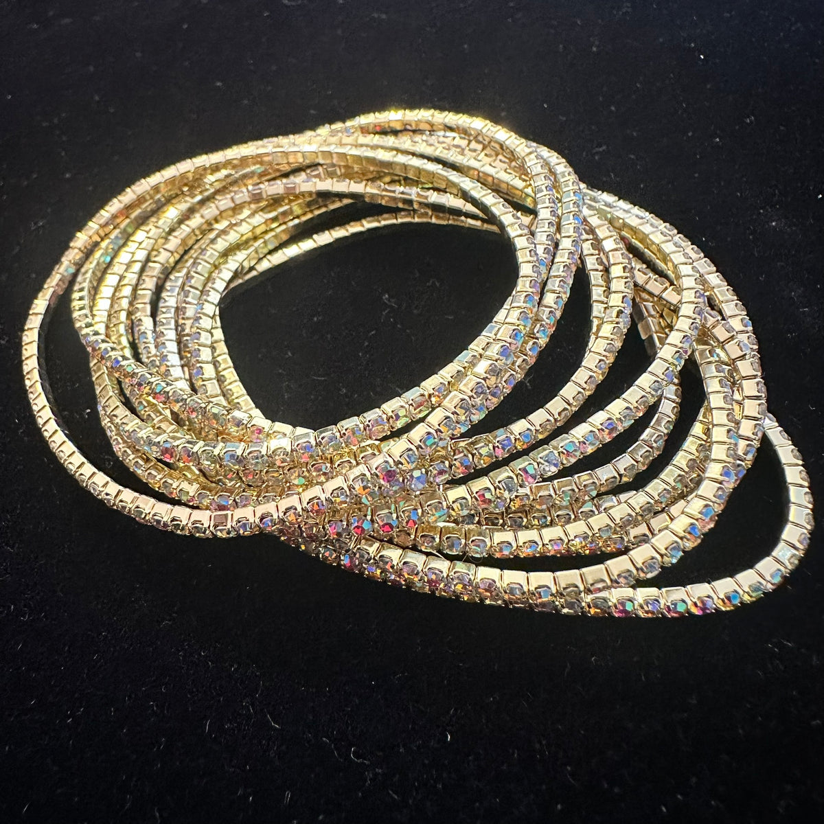 12-Piece Stretch Tennis Bracelet Set, Iridescent CZ Rhinestones, Stackable Gold/Silver Tone Bangles
