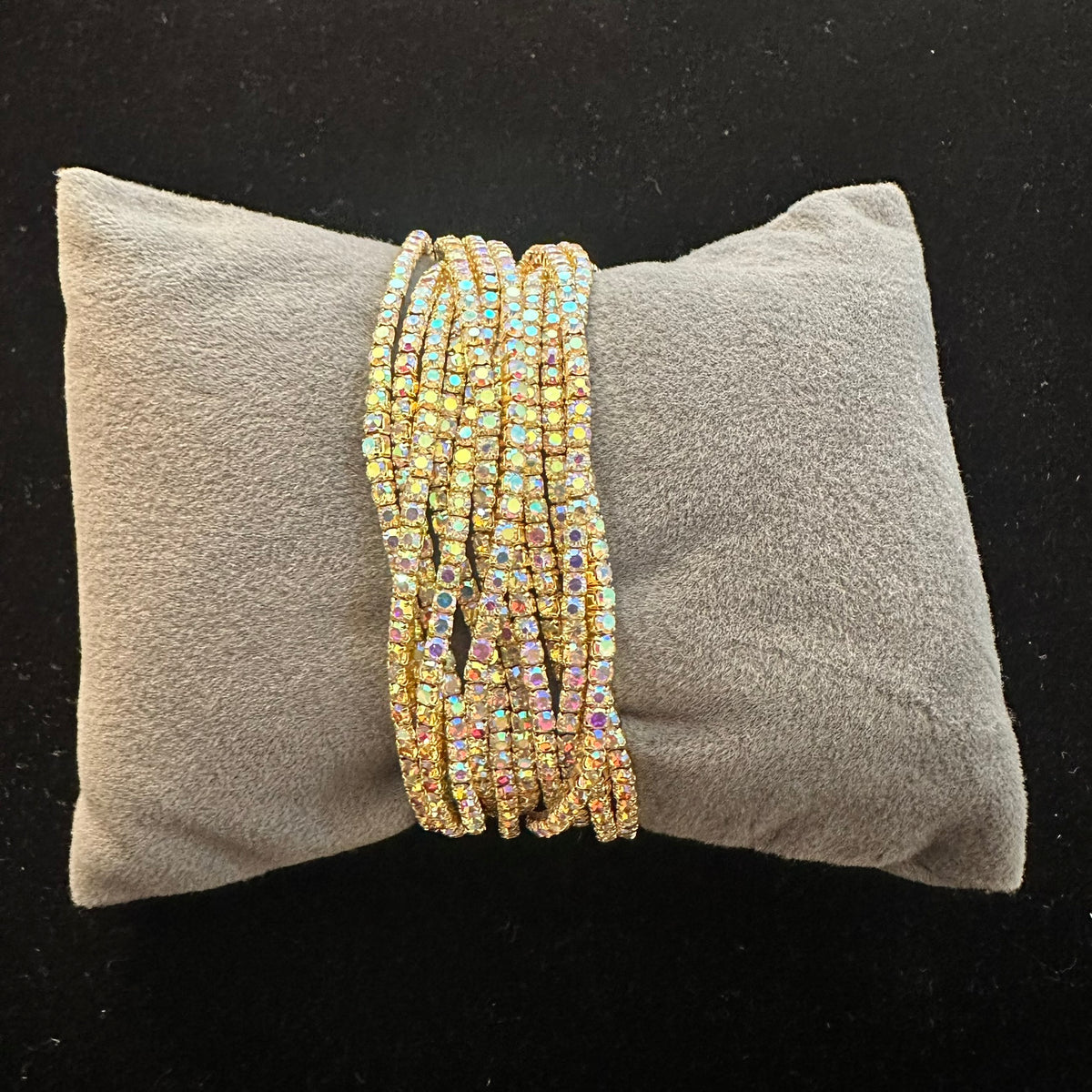 12-Piece Stretch Tennis Bracelet Set, Iridescent CZ Rhinestones, Stackable Gold/Silver Tone Bangles