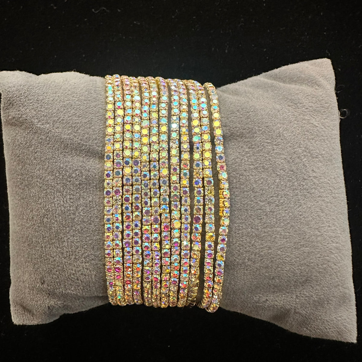 12-Piece Stretch Tennis Bracelet Set, Iridescent CZ Rhinestones, Stackable Gold/Silver Tone Bangles