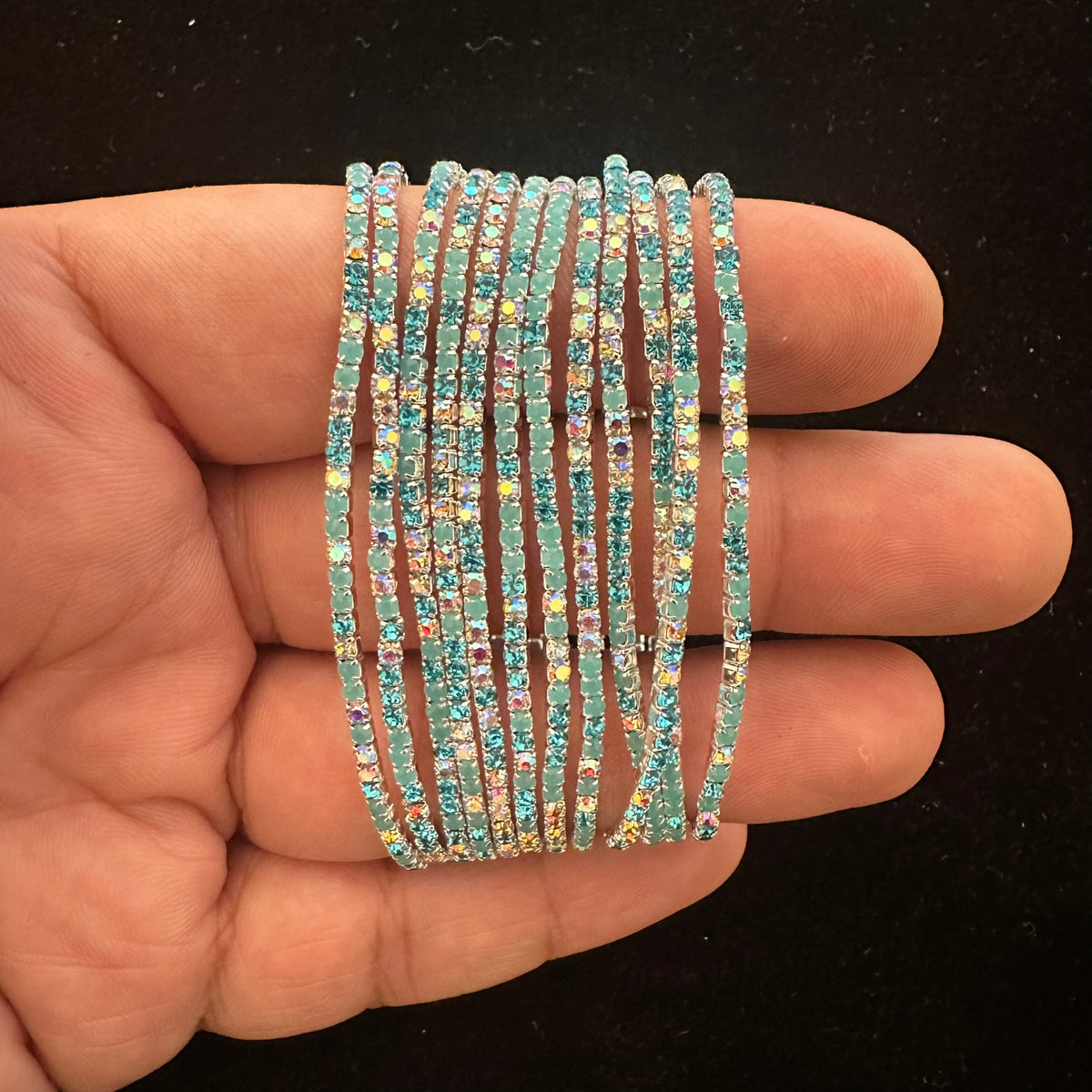 12-Piece Stretch Tennis Bracelet Set, Iridescent CZ Rhinestones, Stackable Gold/Silver Tone Bangles