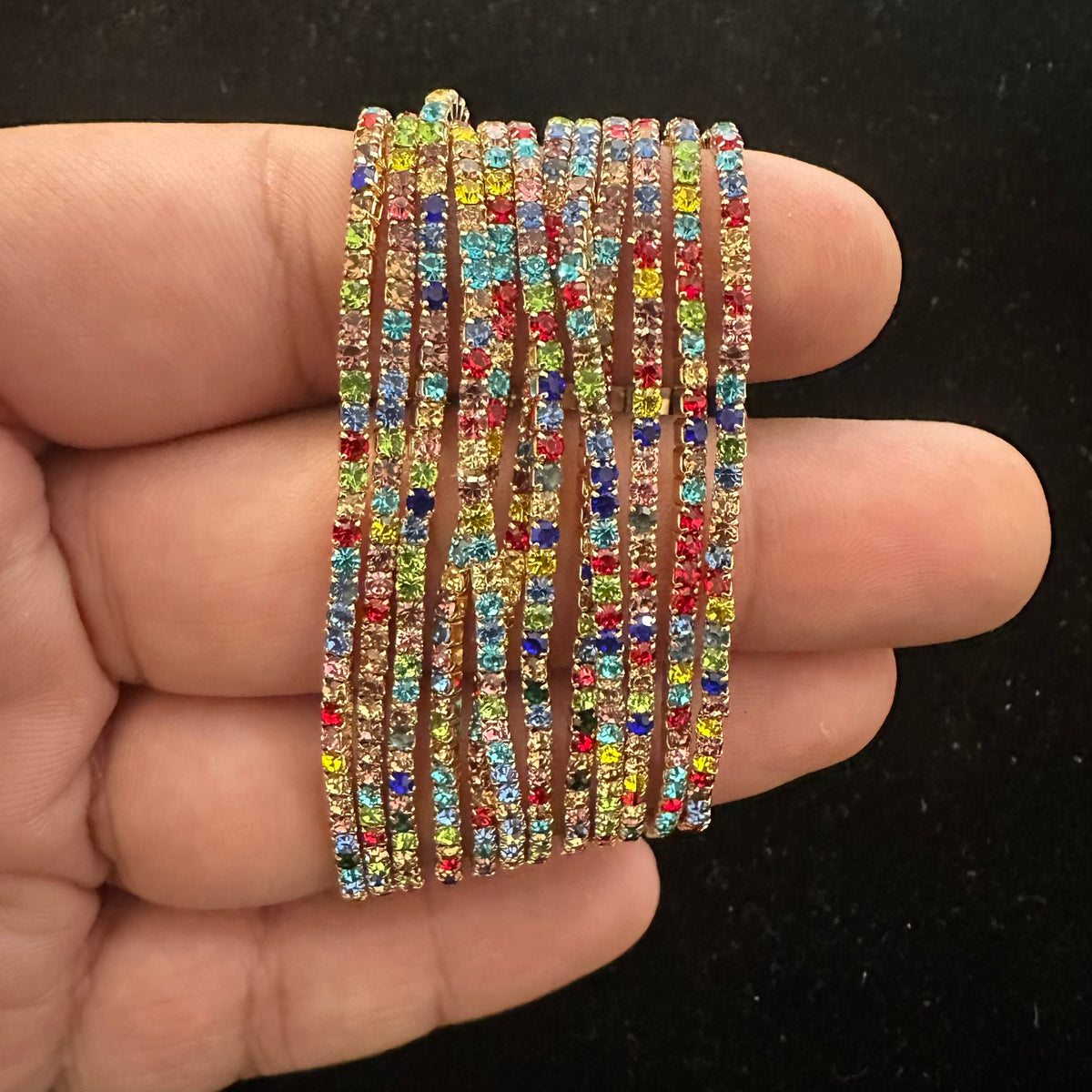12-Piece Stretch Tennis Bracelet Set, Iridescent CZ Rhinestones, Stackable Gold/Silver Tone Bangles