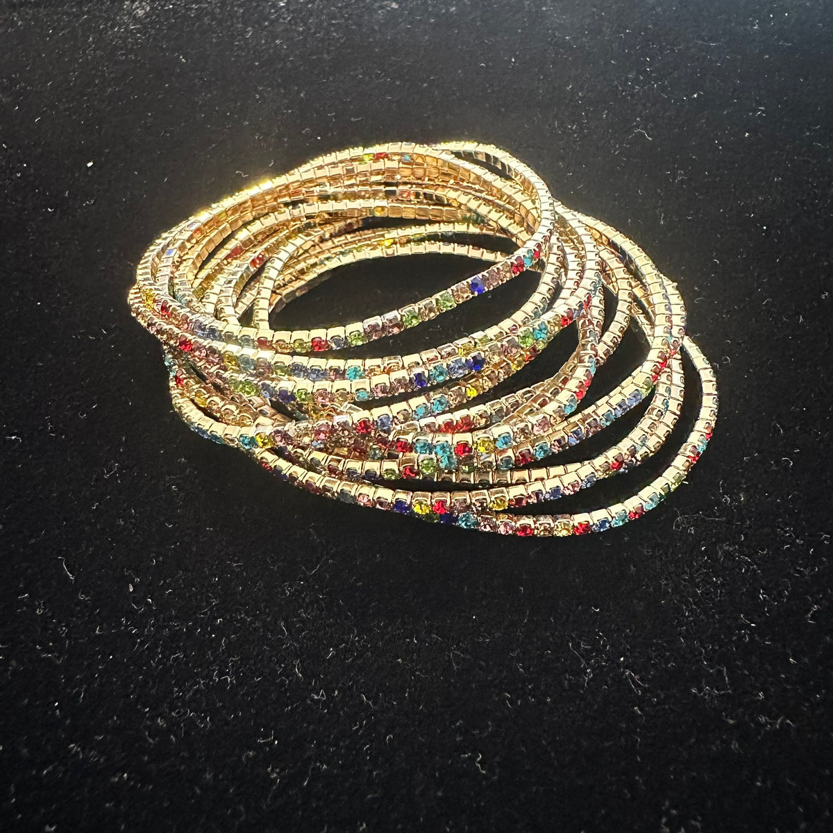 12-Piece Stretch Tennis Bracelet Set, Iridescent CZ Rhinestones, Stackable Gold/Silver Tone Bangles