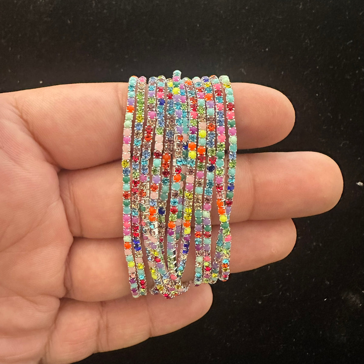 12-Piece Stretch Tennis Bracelet Set, Iridescent CZ Rhinestones, Stackable Gold/Silver Tone Bangles