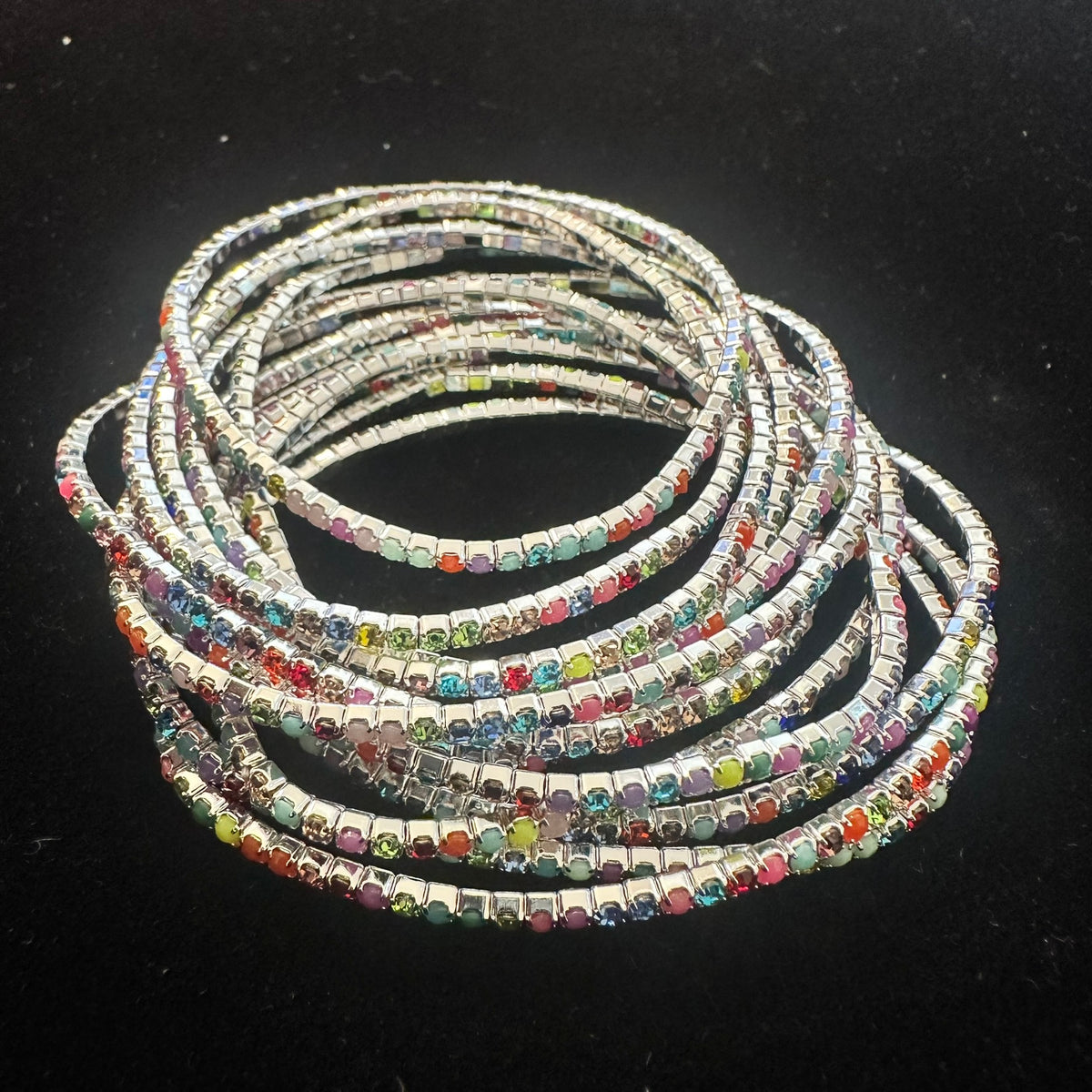 12-Piece Stretch Tennis Bracelet Set, Iridescent CZ Rhinestones, Stackable Gold/Silver Tone Bangles