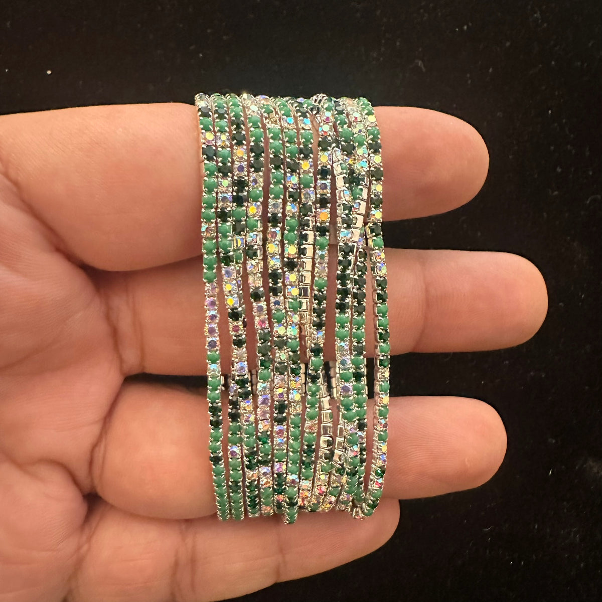 12-Piece Stretch Tennis Bracelet Set, Iridescent CZ Rhinestones, Stackable Gold/Silver Tone Bangles