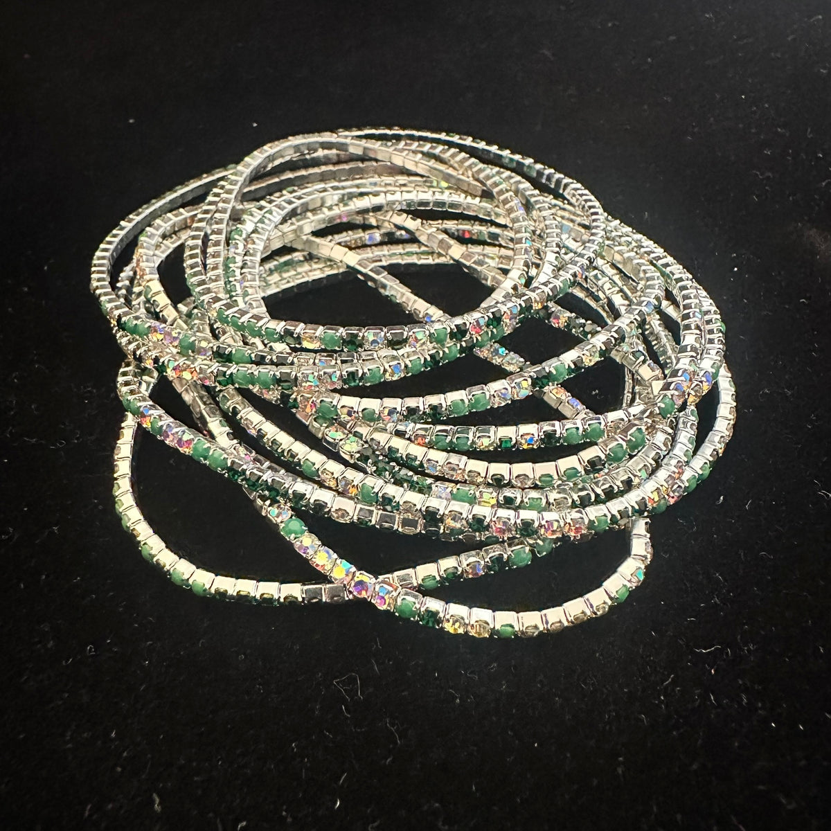 12-Piece Stretch Tennis Bracelet Set, Iridescent CZ Rhinestones, Stackable Gold/Silver Tone Bangles