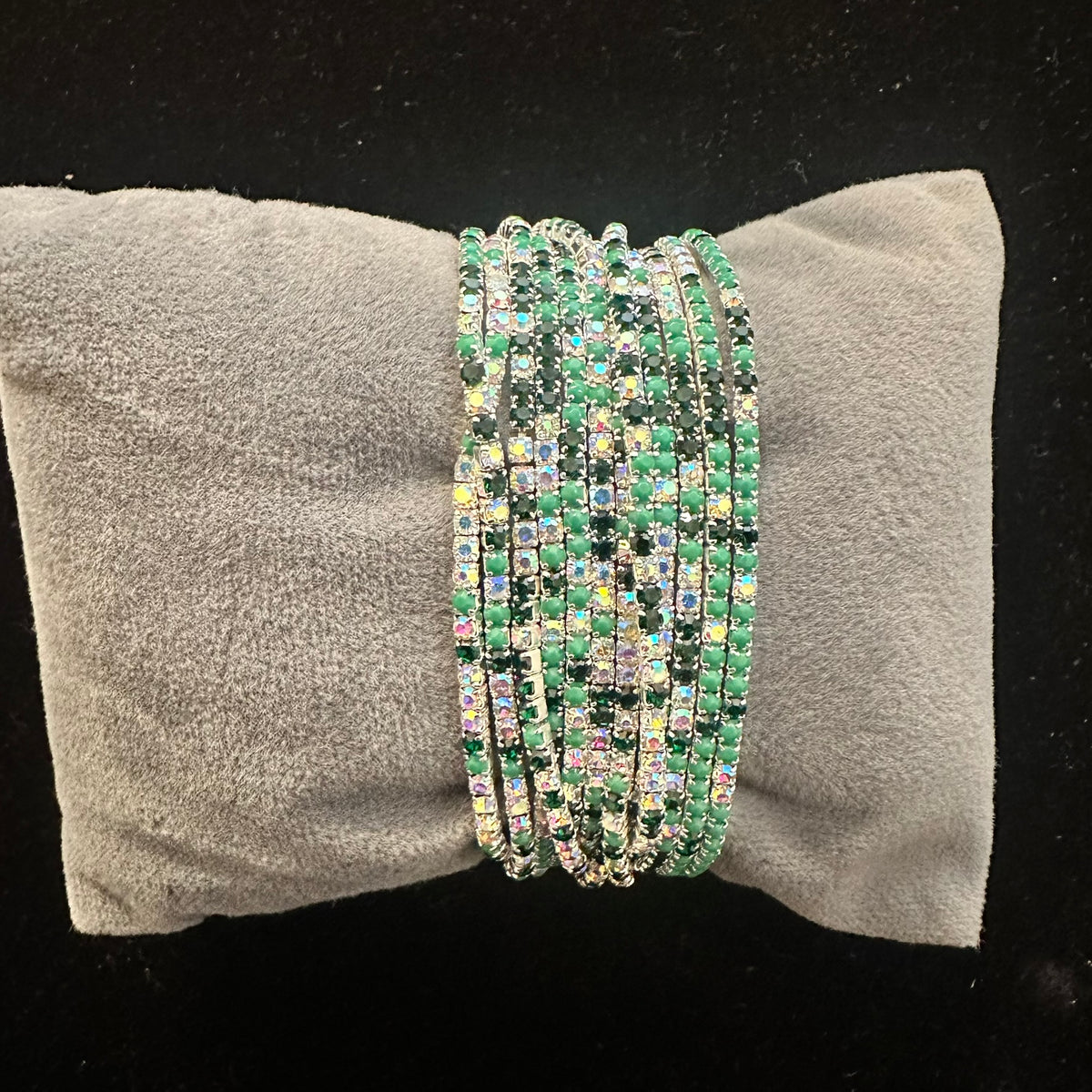 12-Piece Stretch Tennis Bracelet Set, Iridescent CZ Rhinestones, Stackable Gold/Silver Tone Bangles