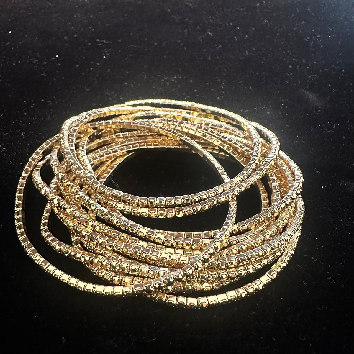 12-Piece Stretch Tennis Bracelet Set, Iridescent CZ Rhinestones, Stackable Gold/Silver Tone Bangles