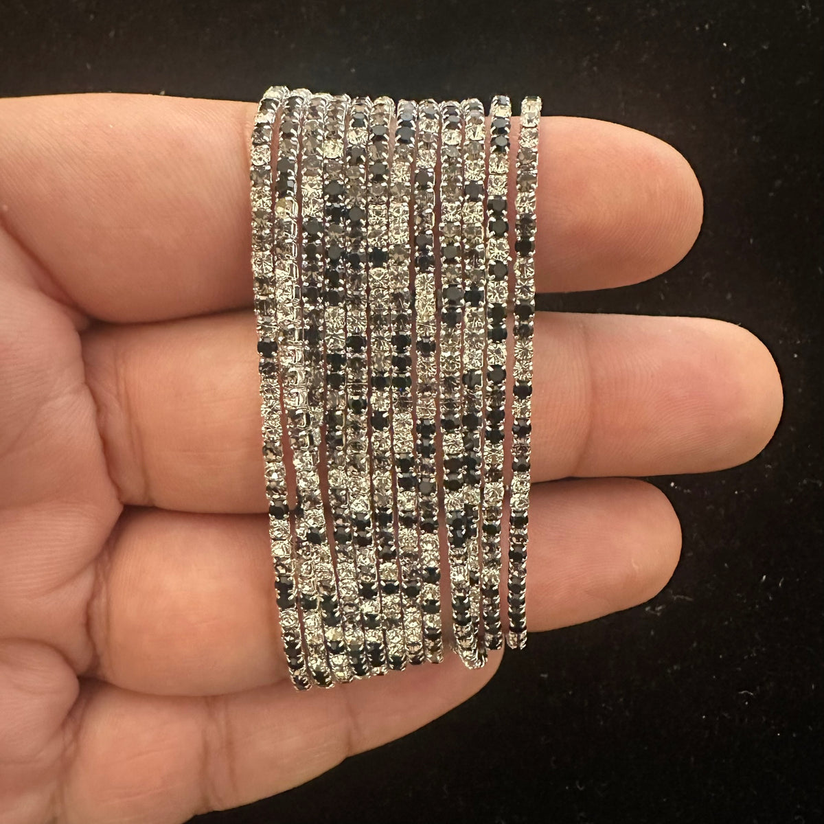 12-Piece Stretch Tennis Bracelet Set, Iridescent CZ Rhinestones, Stackable Gold/Silver Tone Bangles