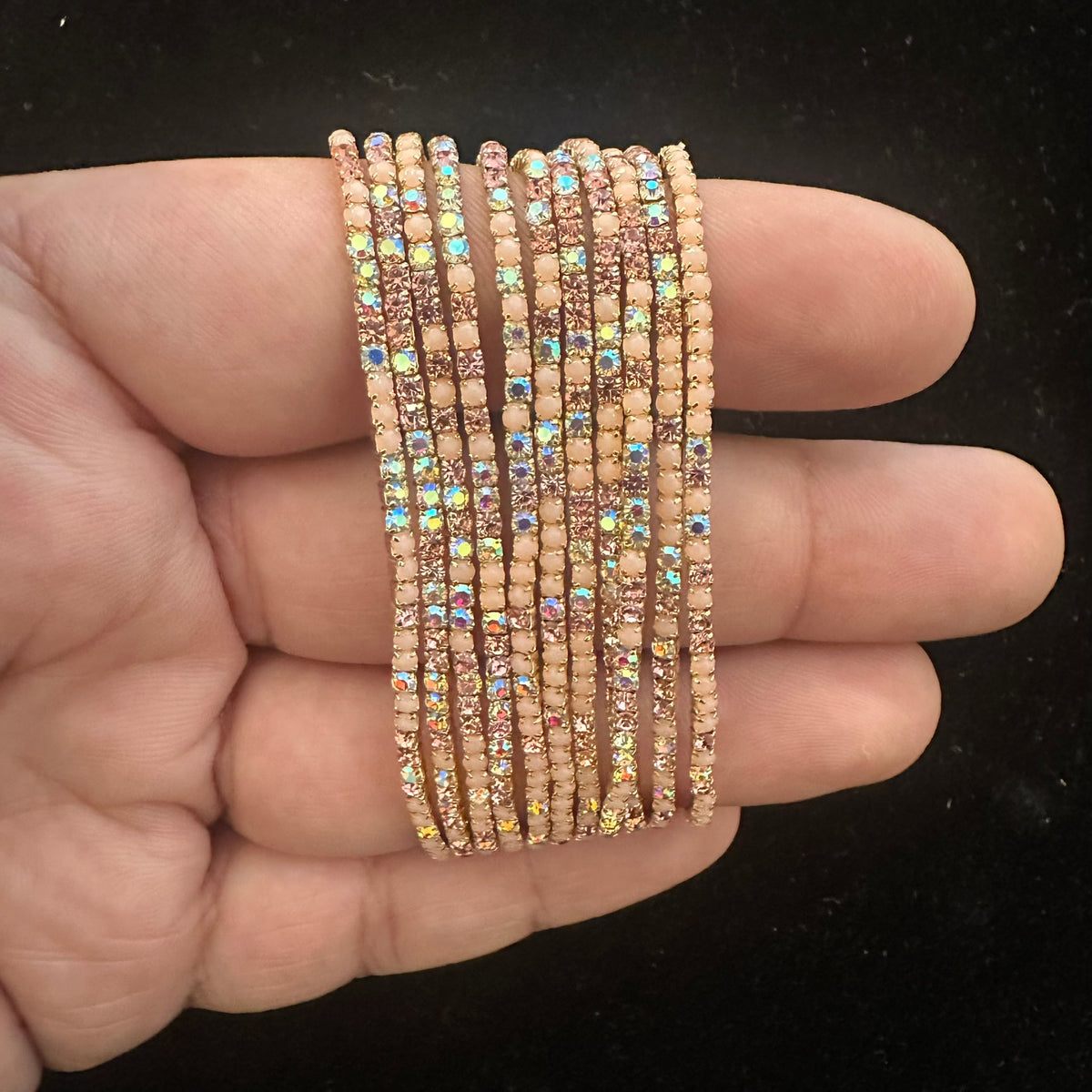 12-Piece Stretch Tennis Bracelet Set, Iridescent CZ Rhinestones, Stackable Gold/Silver Tone Bangles