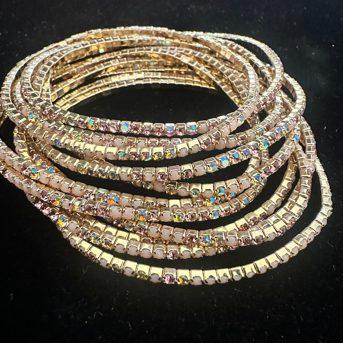 12-Piece Stretch Tennis Bracelet Set, Iridescent CZ Rhinestones, Stackable Gold/Silver Tone Bangles