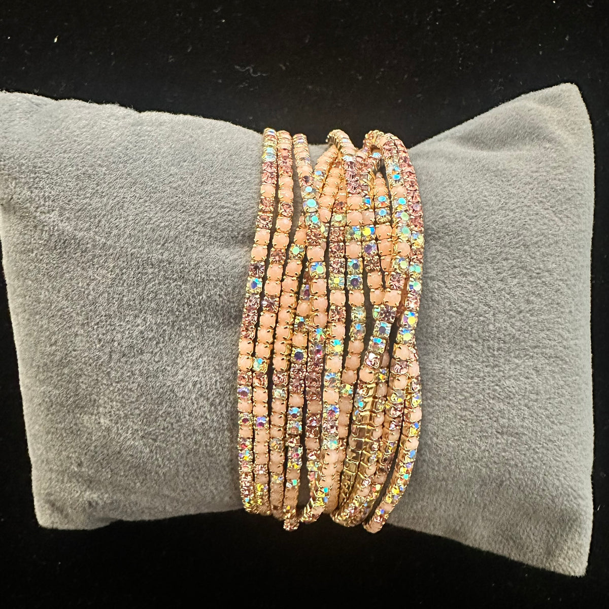 12-Piece Stretch Tennis Bracelet Set, Iridescent CZ Rhinestones, Stackable Gold/Silver Tone Bangles
