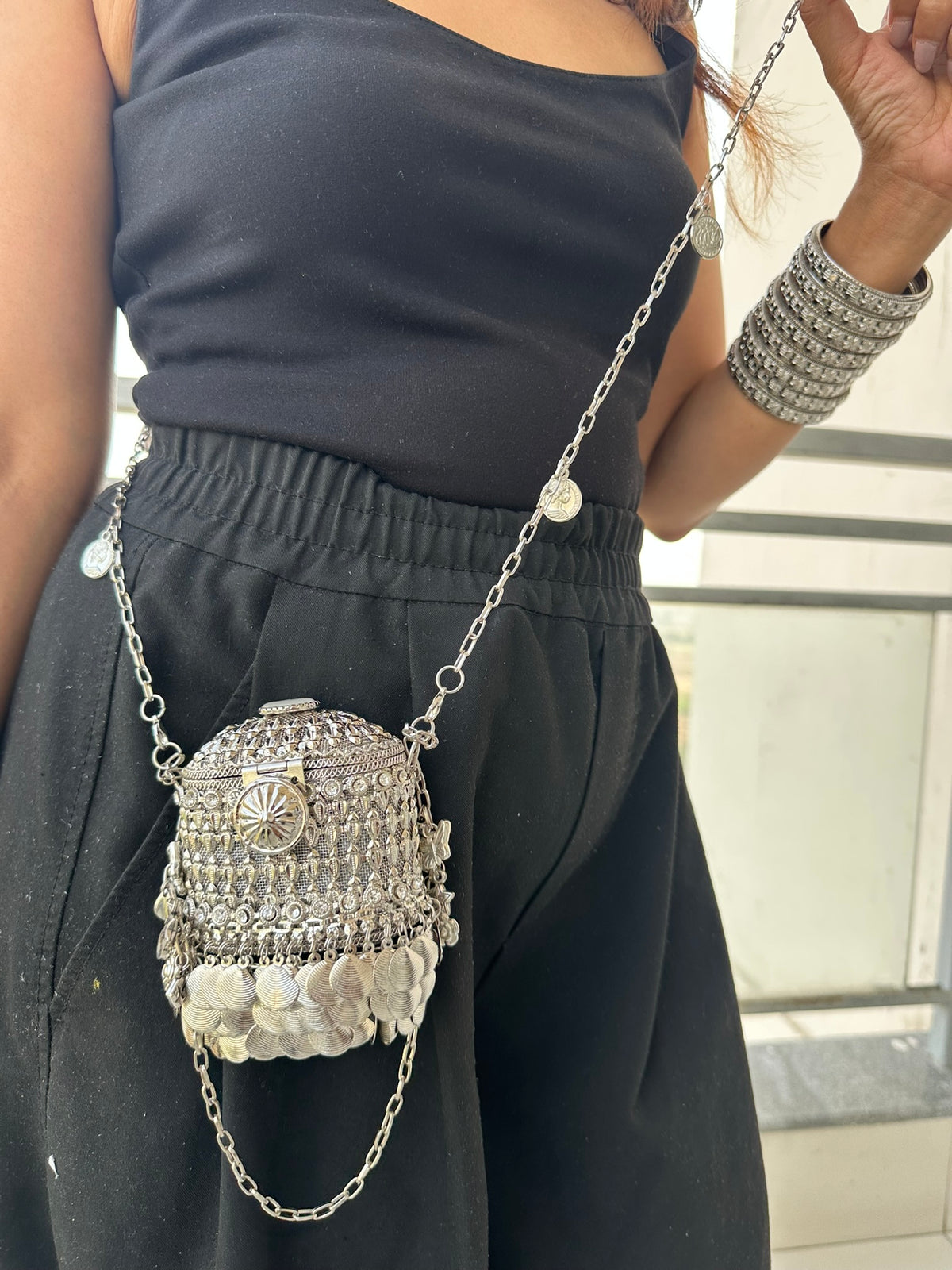 The ANARKALI Vintage Tribal Coin Potli | Handcrafted Antique Metal Potli Bag Ethnic Coin Fringe Crossbody Wedding Accessory