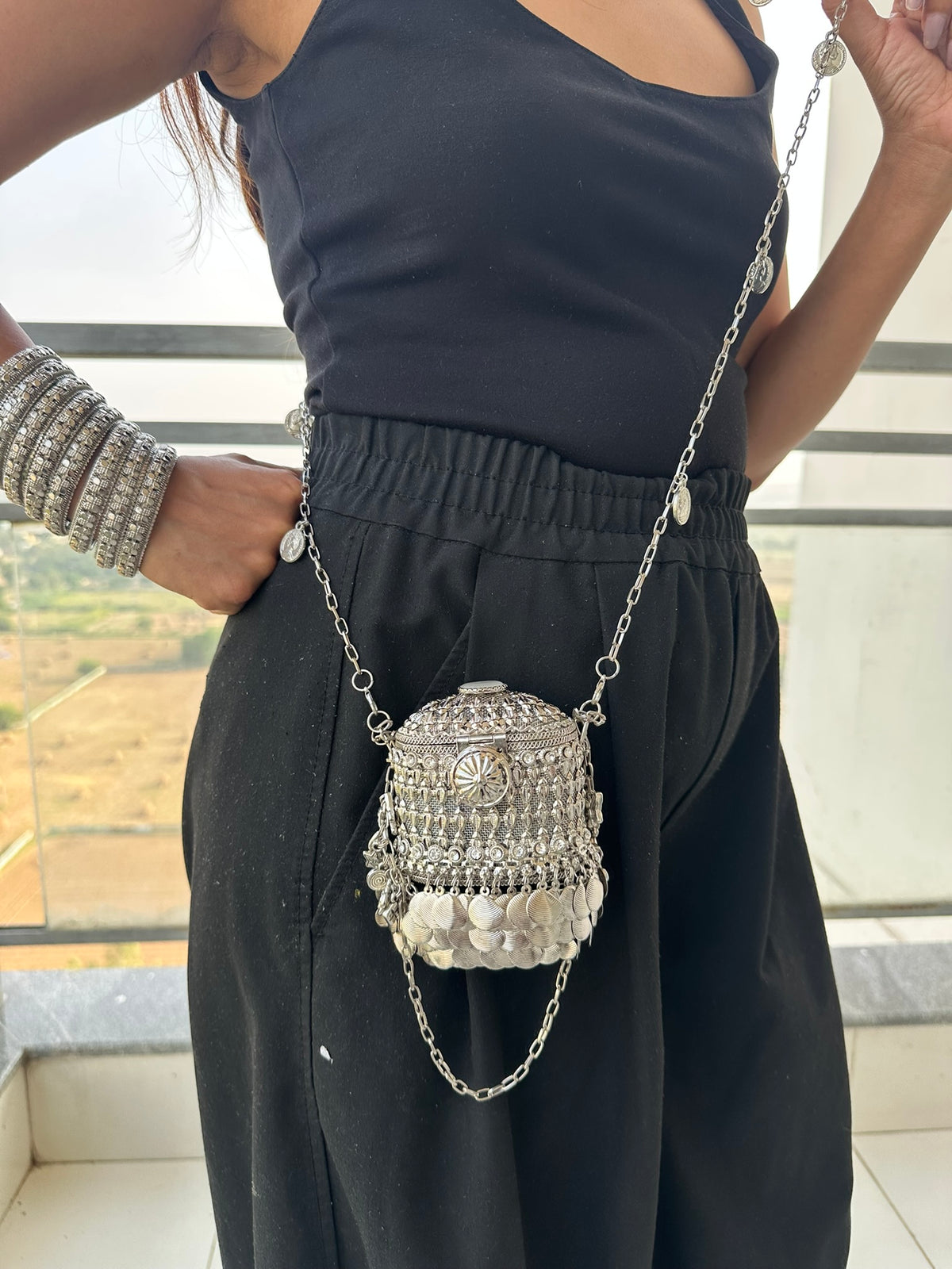 The ANARKALI Vintage Tribal Coin Potli | Handcrafted Antique Metal Potli Bag Ethnic Coin Fringe Crossbody Wedding Accessory