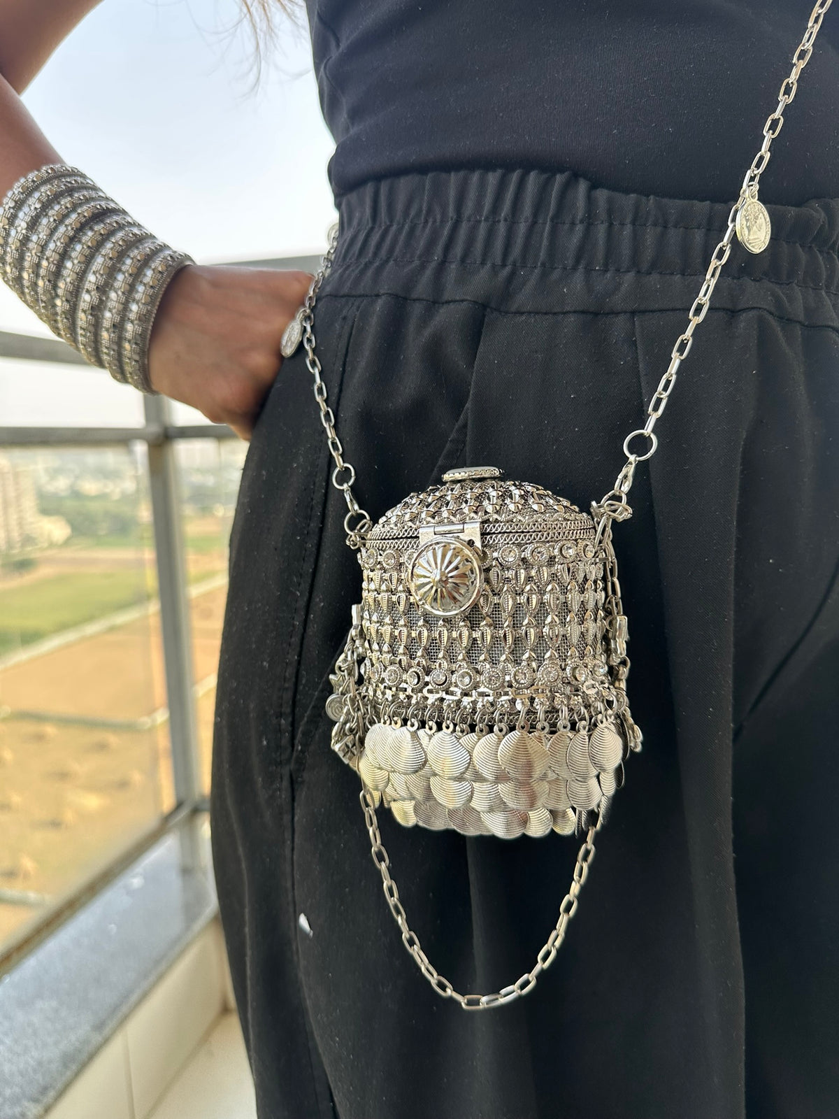 The ANARKALI Vintage Tribal Coin Potli | Handcrafted Antique Metal Potli Bag Ethnic Coin Fringe Crossbody Wedding Accessory