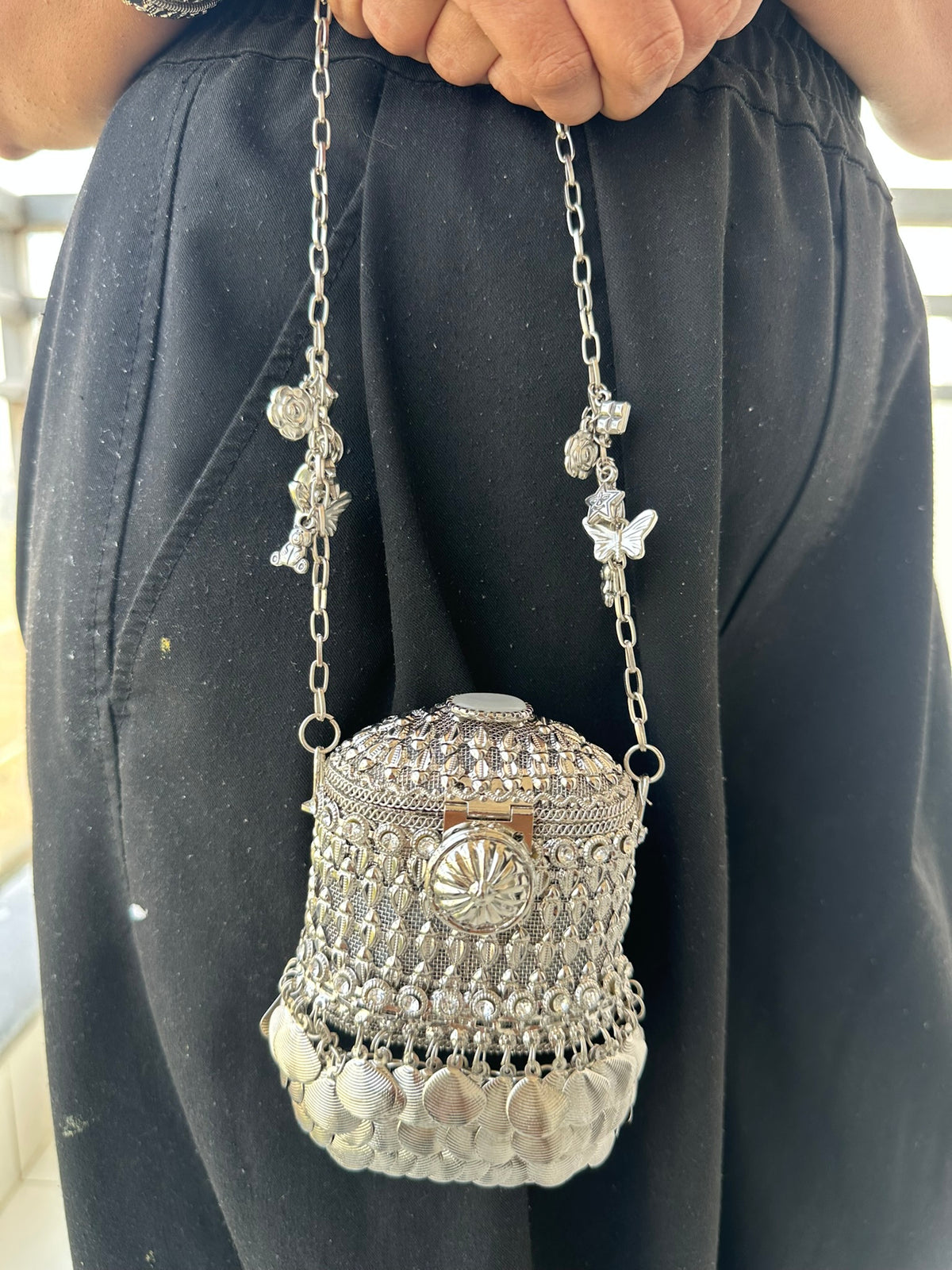 The ANARKALI Vintage Tribal Coin Potli | Handcrafted Antique Metal Potli Bag Ethnic Coin Fringe Crossbody Wedding Accessory