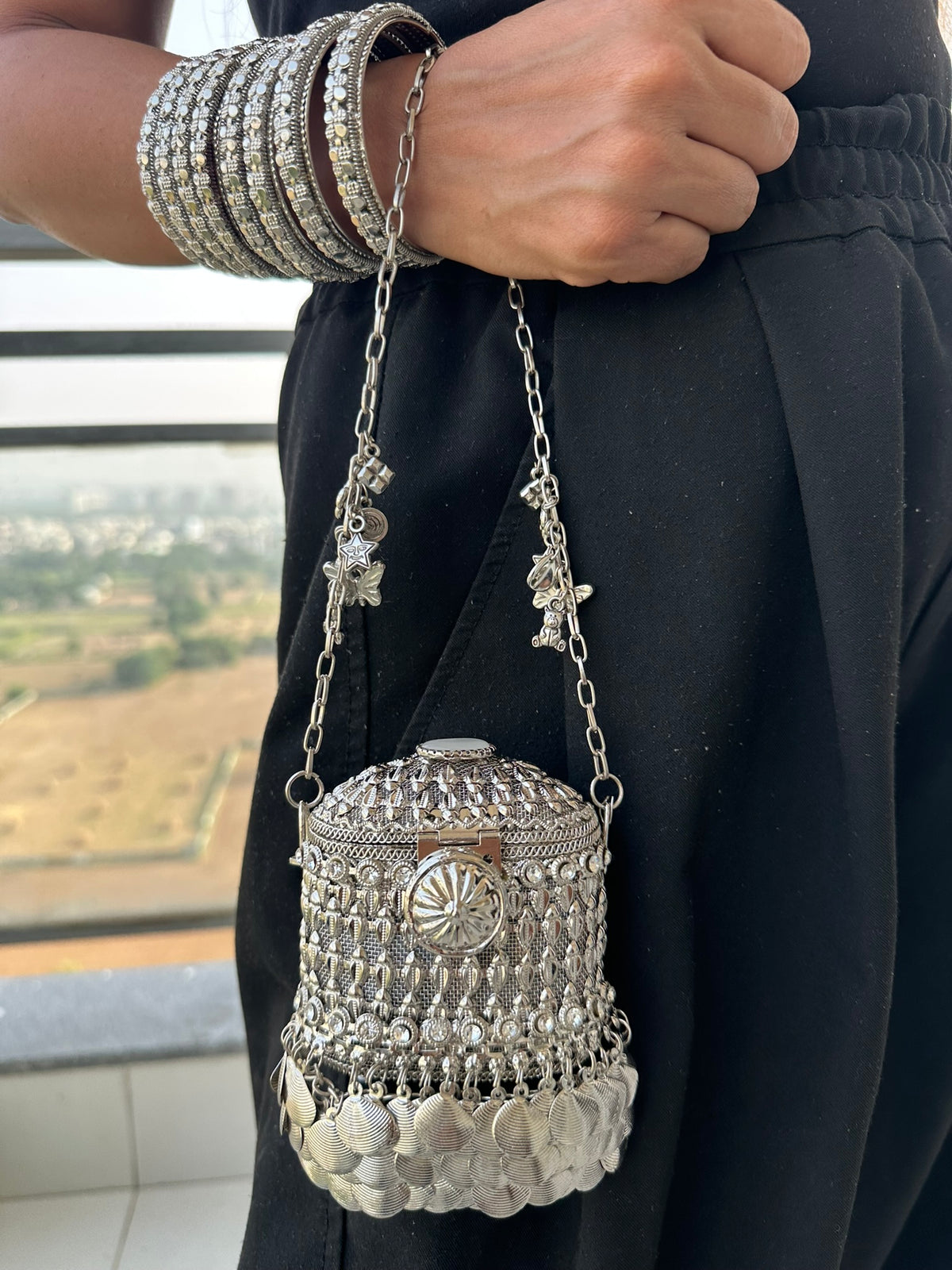 The ANARKALI Vintage Tribal Coin Potli | Handcrafted Antique Metal Potli Bag Ethnic Coin Fringe Crossbody Wedding Accessory